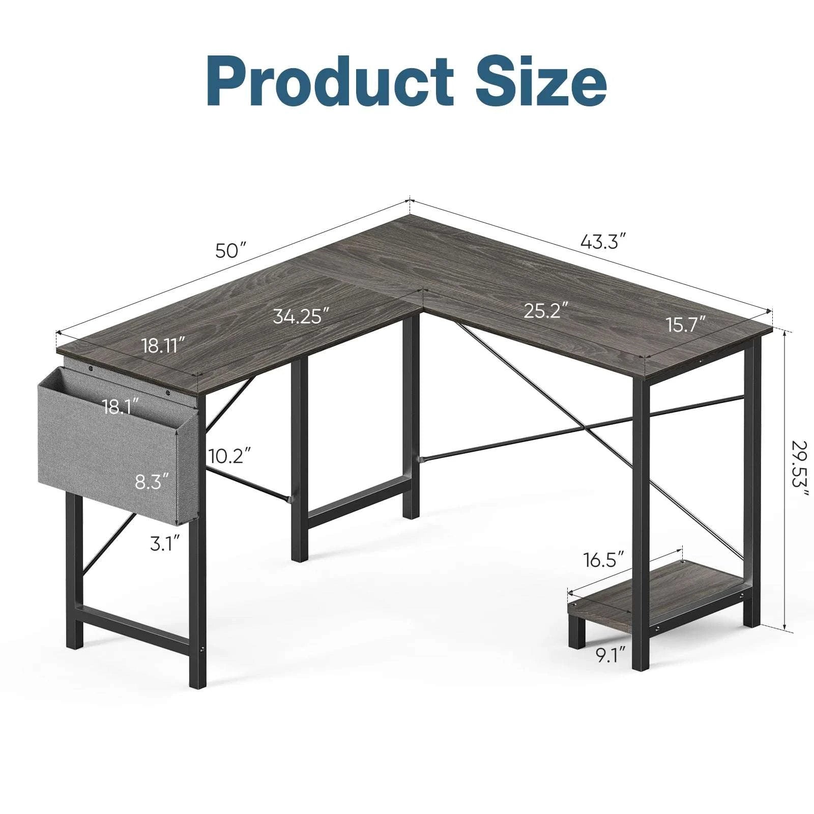 50 Inch L-Shaped Corner Desk with CPU Shelf & Storage Bag-Black / United States