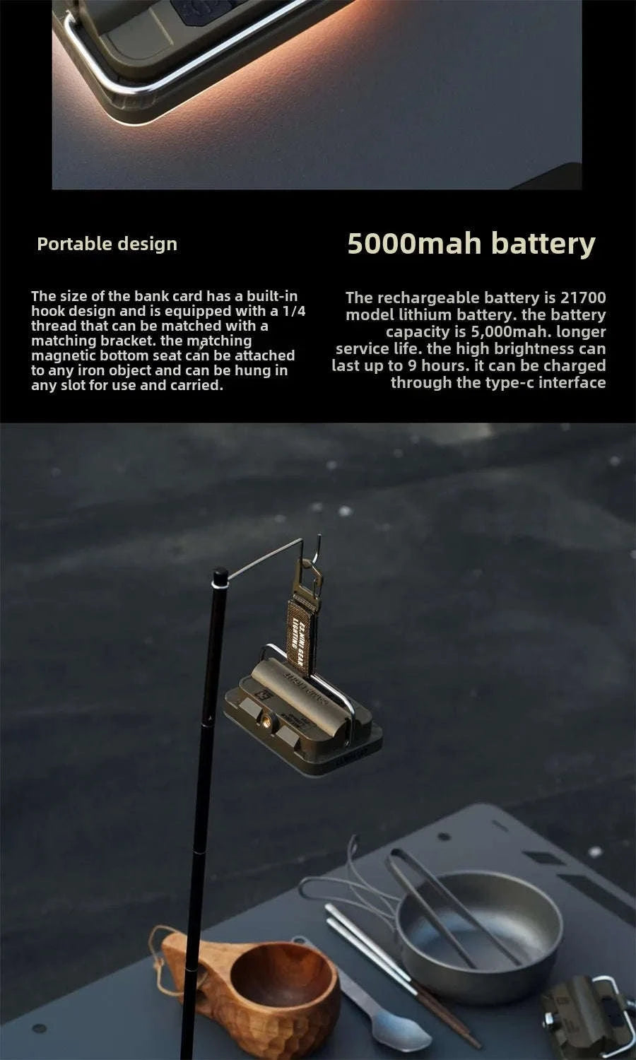 5000mAh LED Camping Tent Light Rechargeable Waterproof Portable Hanging Night Lamp-E3mini khaki / China Mainland