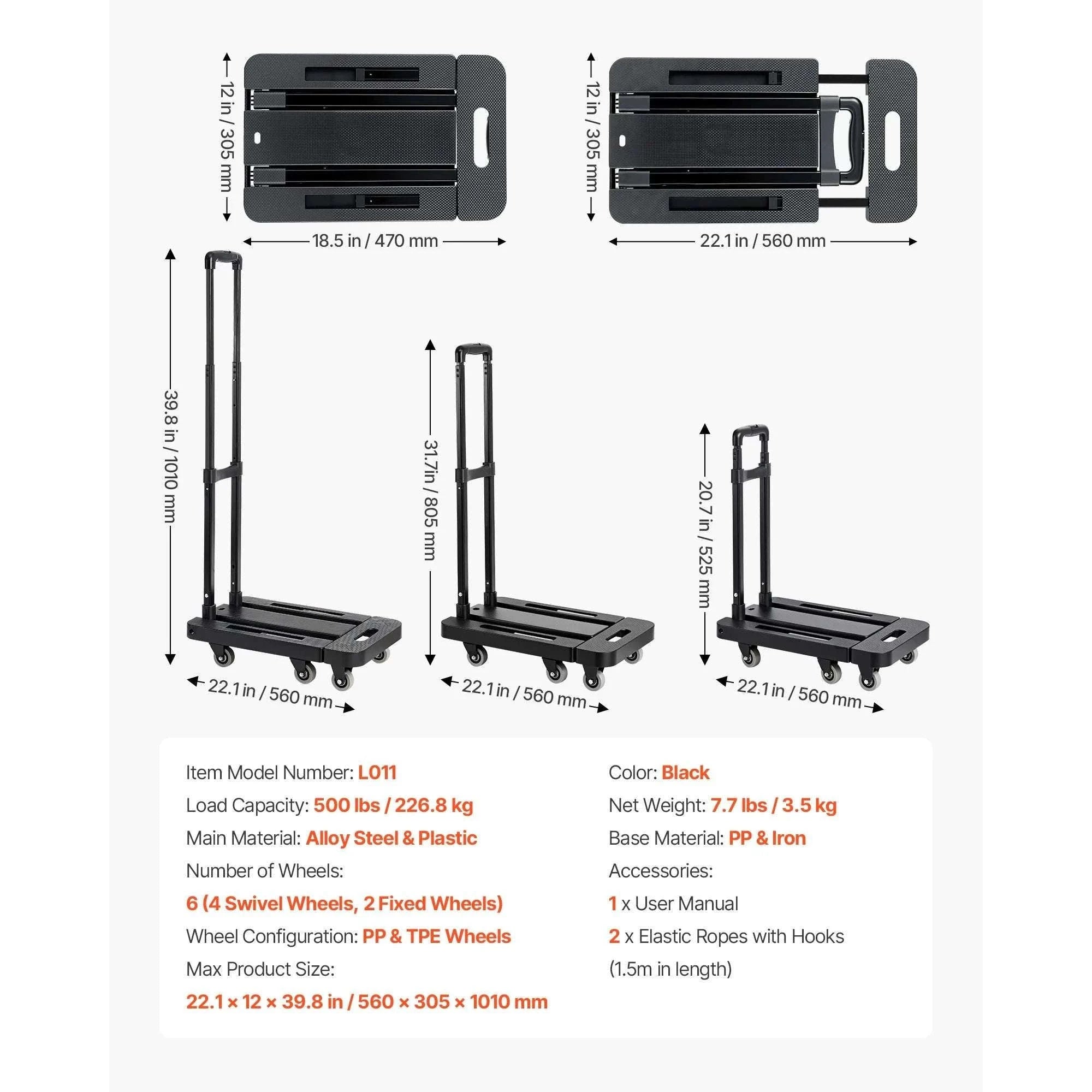 500LB Folding Hand Truck with Expandable Base and 6 Wheels-500lbs / spain
