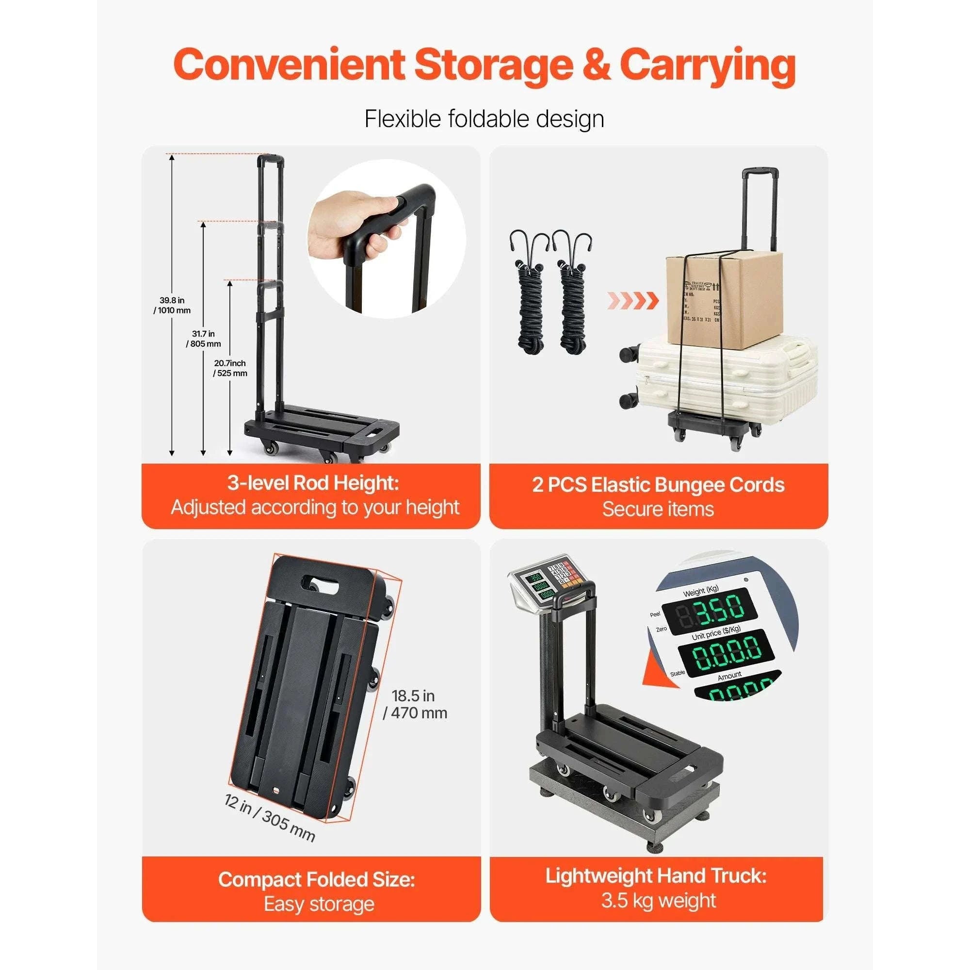 500LB Folding Hand Truck with Expandable Base and 6 Wheels-500lbs / spain