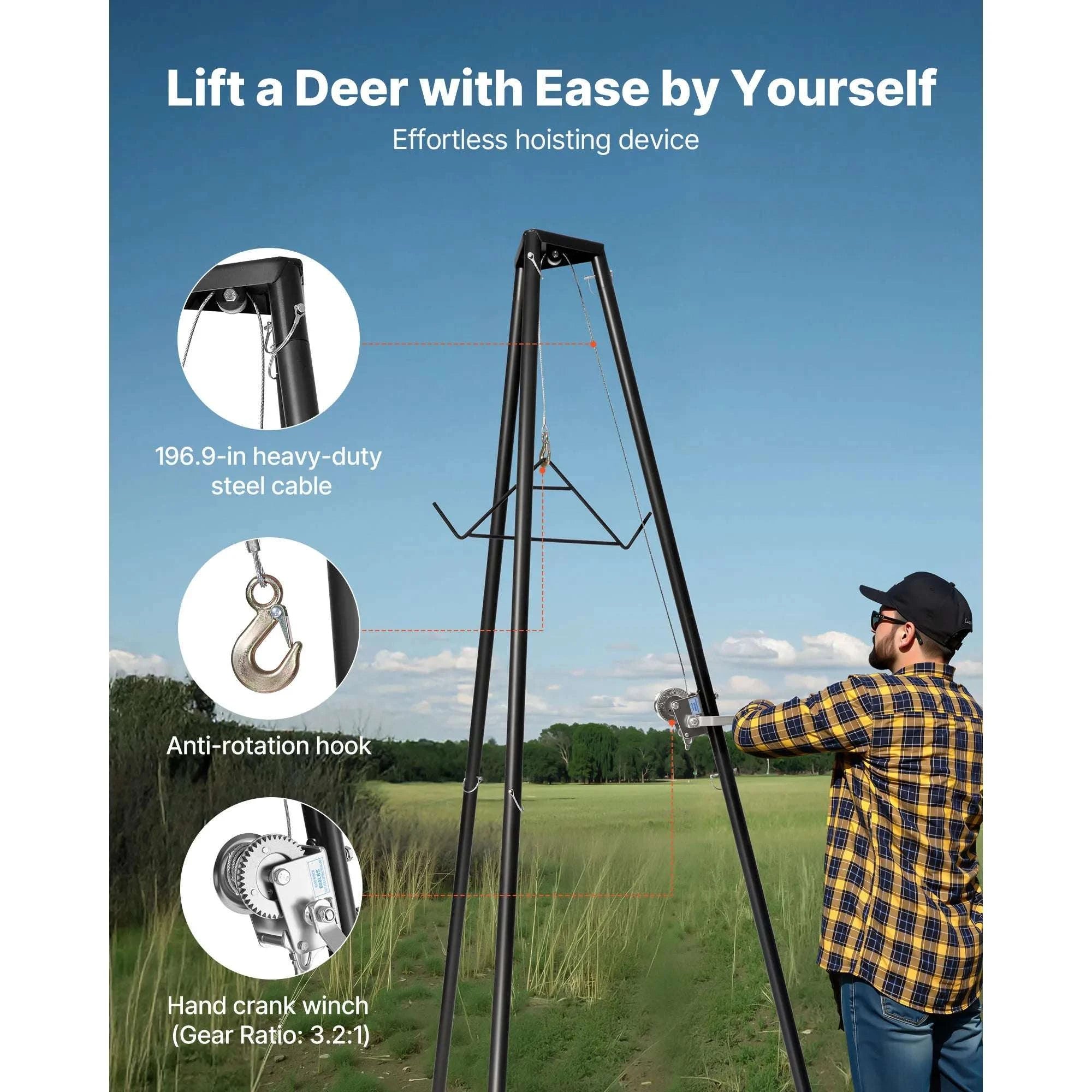 500lb Tripod Deer Hoist with Manual Winch & Gambrel for Field Processing-500lbs / United States