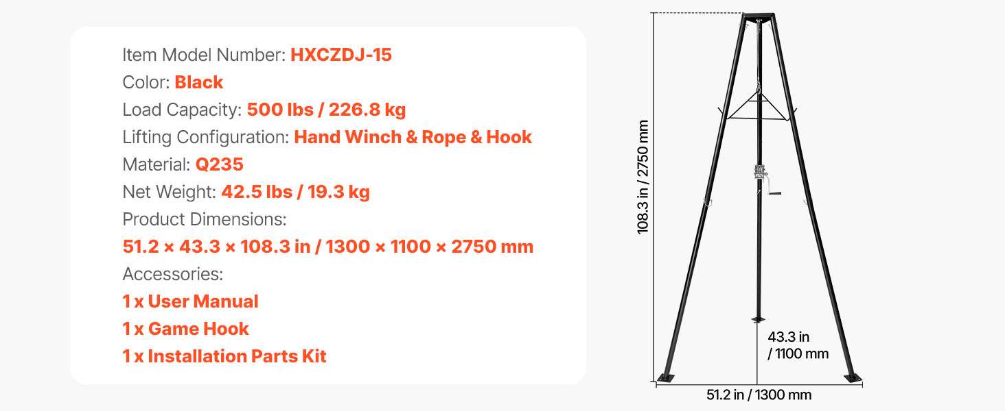 500lb Tripod Deer Hoist with Manual Winch & Gambrel for Field Processing-500lbs / United States