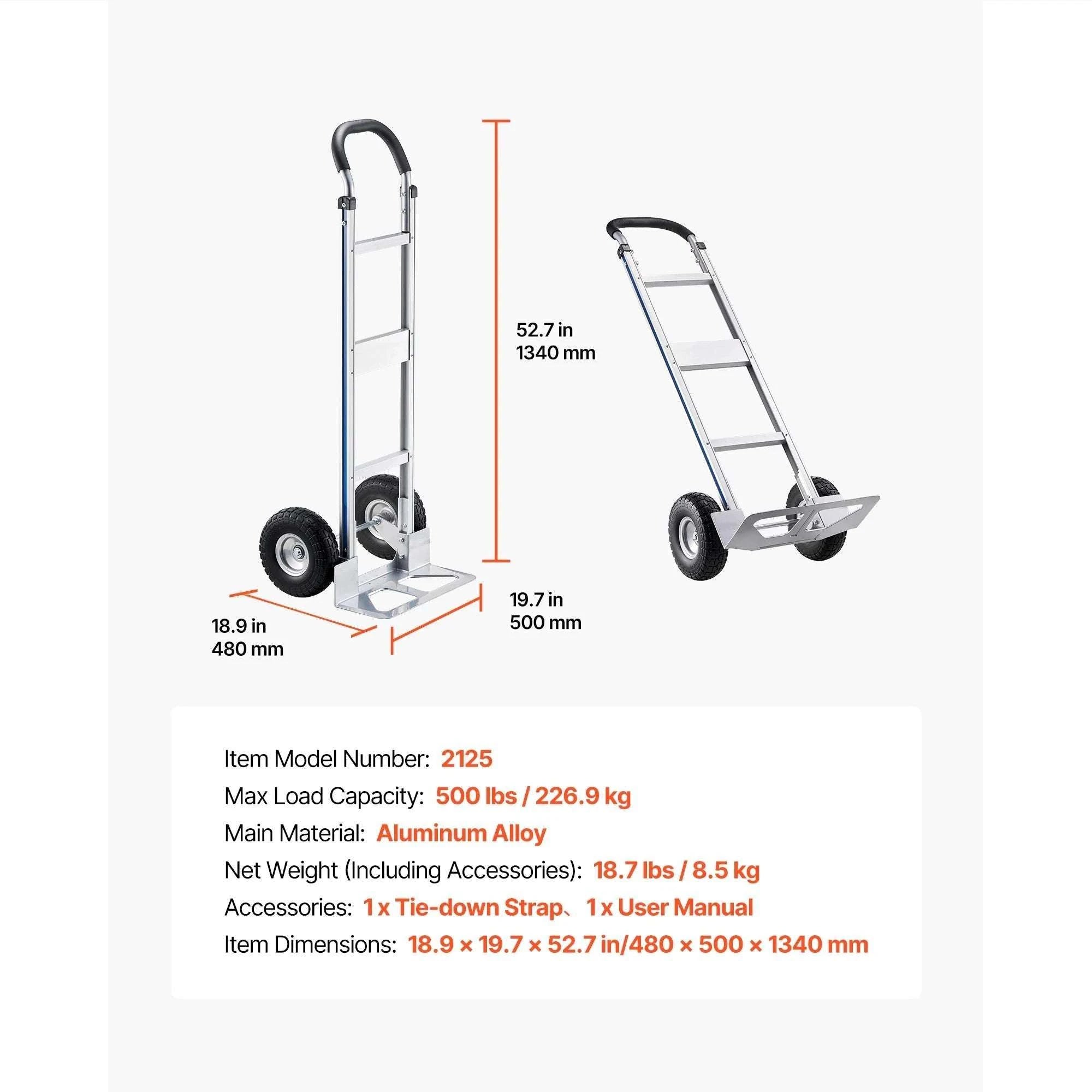 500LBS Folding Hand Truck Dolly with Wheels & Tie-Down Strap-500LBS / spain