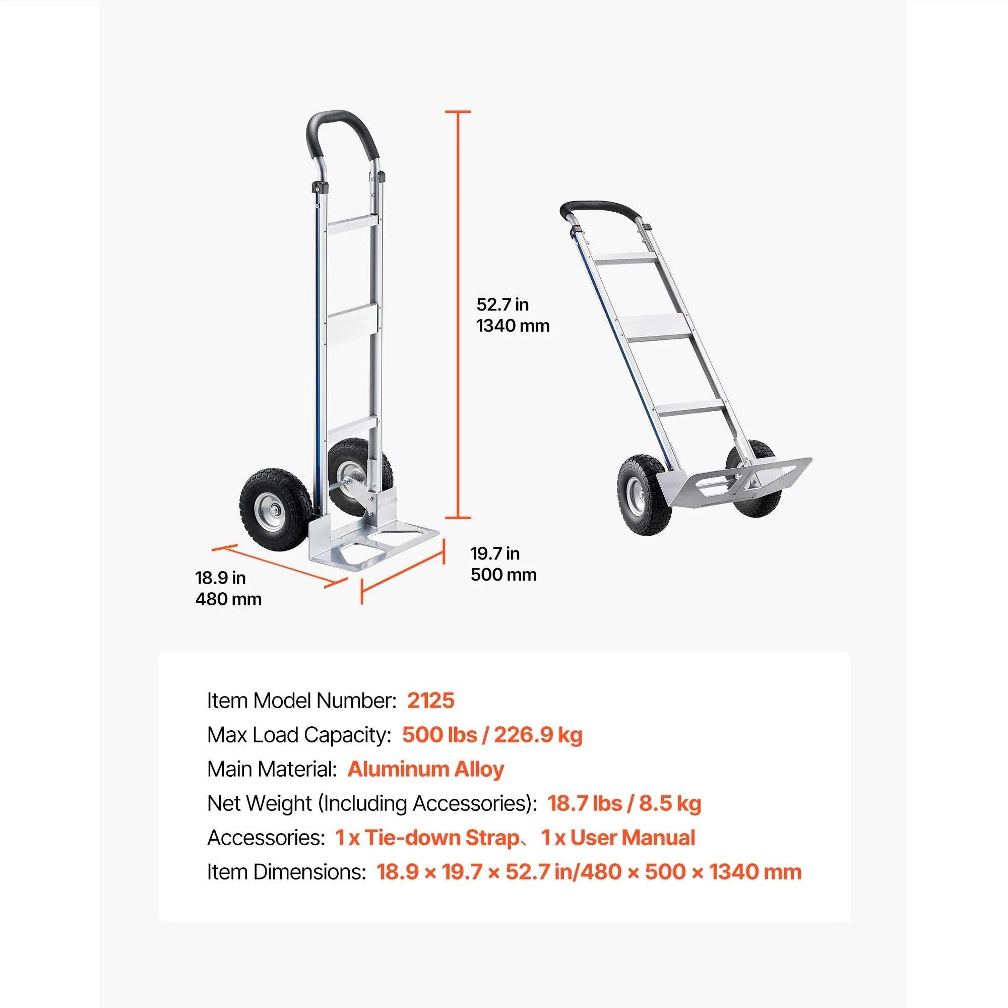 500LBS Folding Hand Truck Dolly with Wheels & Tie-Down Strap-500LBS / spain