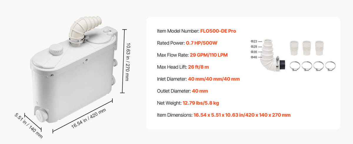 500W Macerator Pump 29 GPM 26 ft Head for Kitchen, Basement, Shower, Sink, Laundry, Bathtub-500W 29 GPM / US / Germany