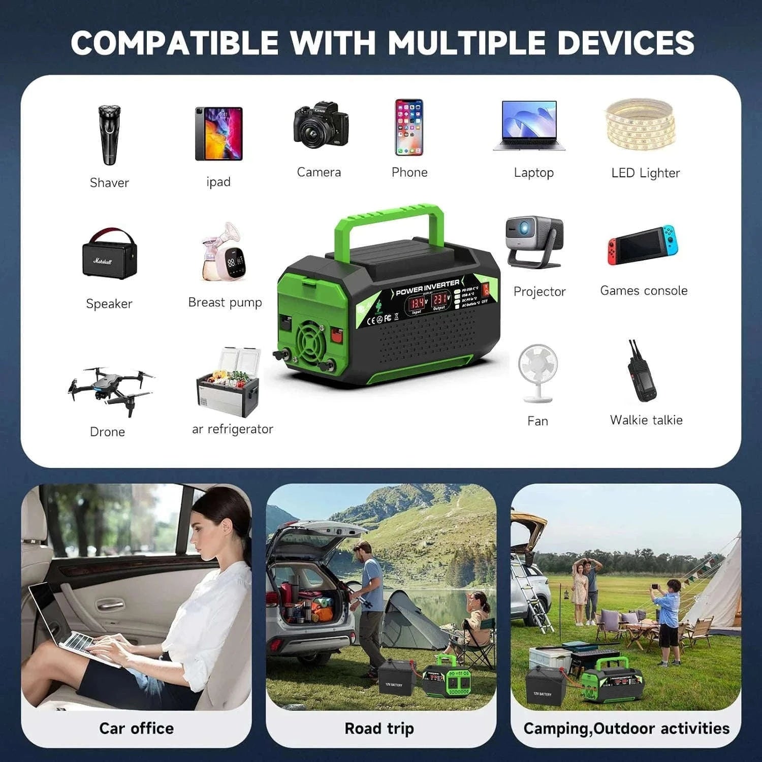 500W Power Inverter 12V DC to AC 220V/110V with USB and Type-C-300W / Poland
