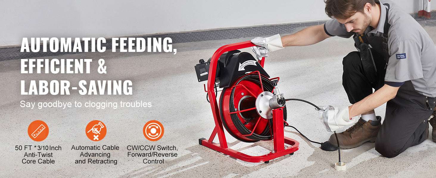50FT Electric Drain Cleaner Machine Auto Feed Sewer Snake Auger-United States