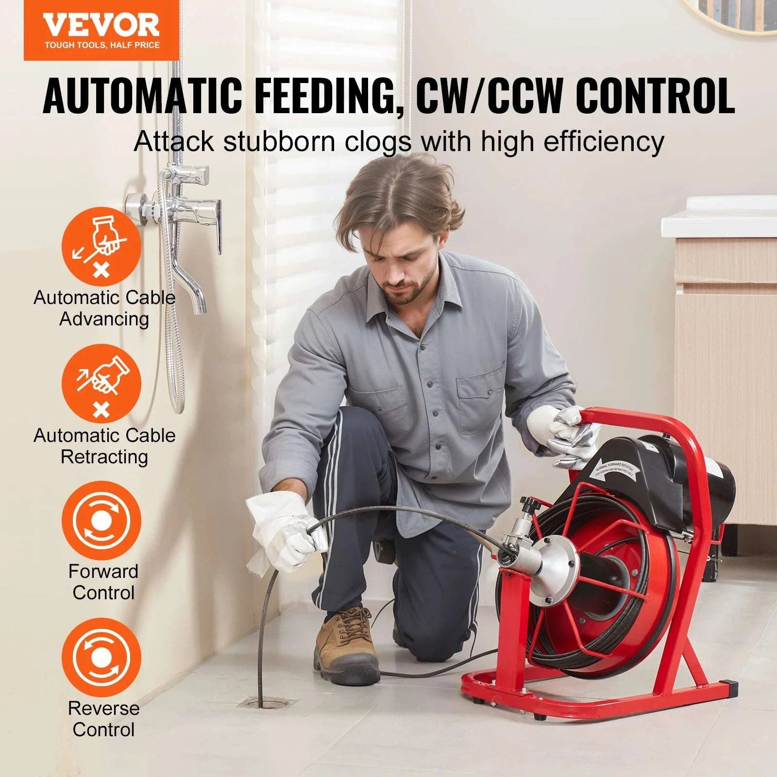 50FT Electric Drain Cleaner Machine Auto Feed Sewer Snake Auger-United States