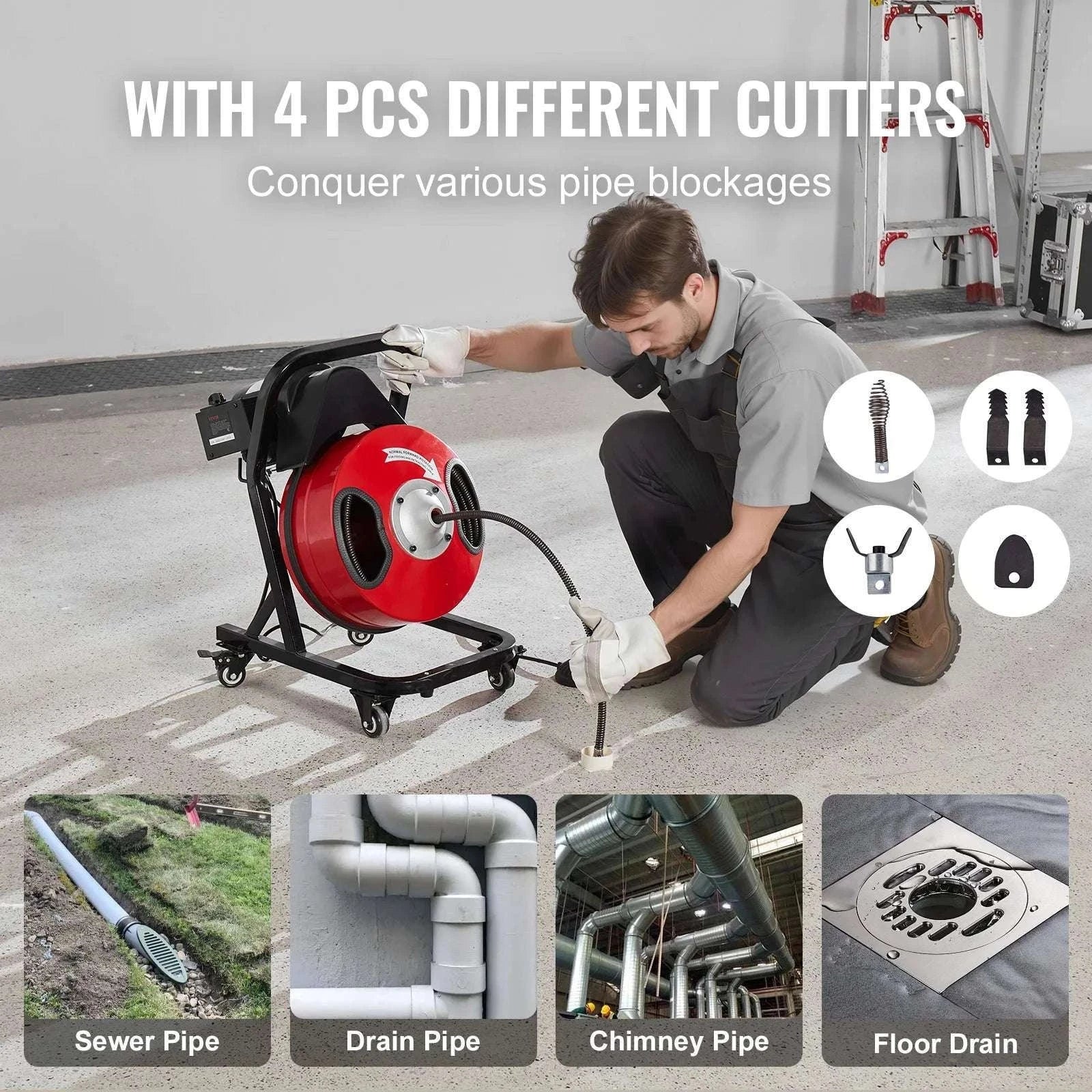50FT Sewer Snake Drain Cleaner Machine with 4 Cutters & Foot Switch-D1000 / france