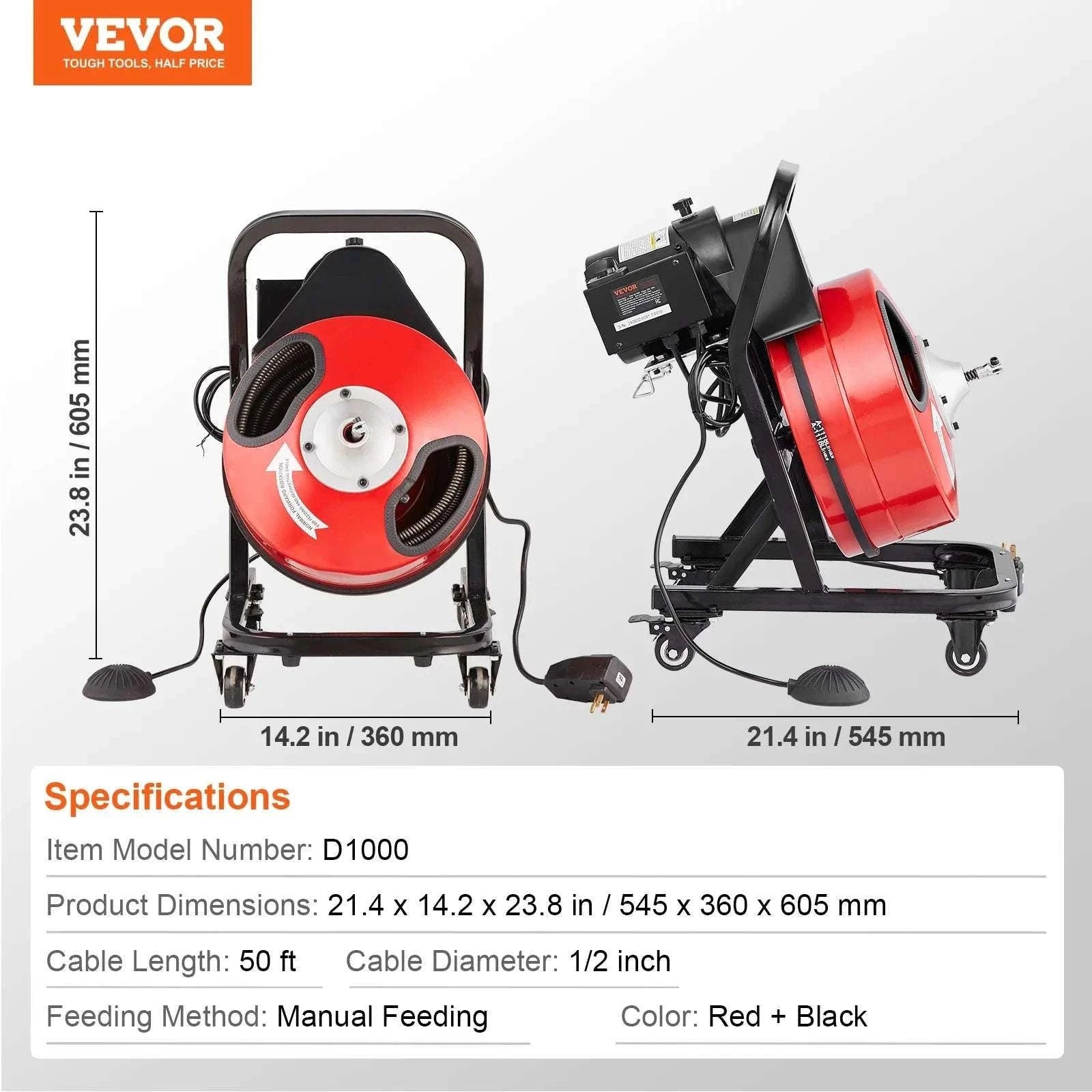 50FT Sewer Snake Drain Cleaner Machine with 4 Cutters & Foot Switch-D1000 / france