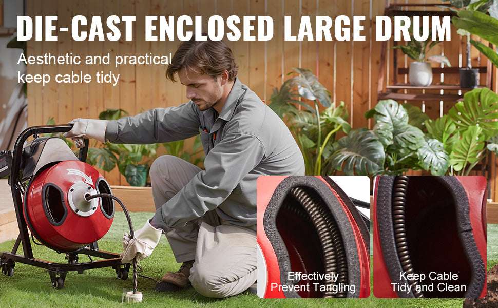 50FT Sewer Snake Drain Cleaner Machine with 4 Cutters & Foot Switch-D1000 / france