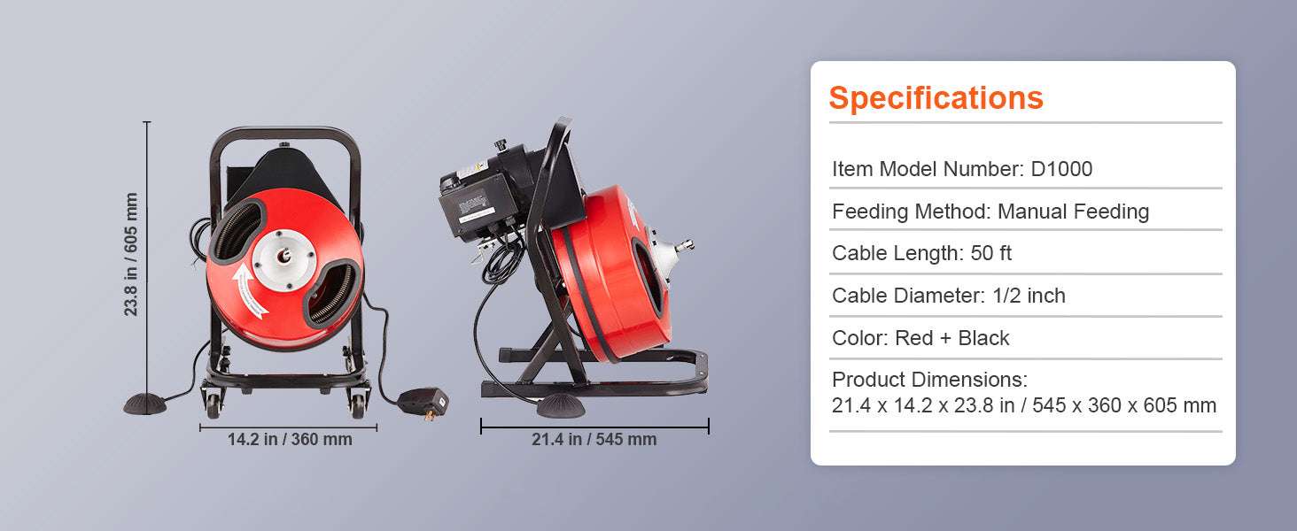 50FT Sewer Snake Drain Cleaner Machine with 4 Cutters & Foot Switch-D1000 / france