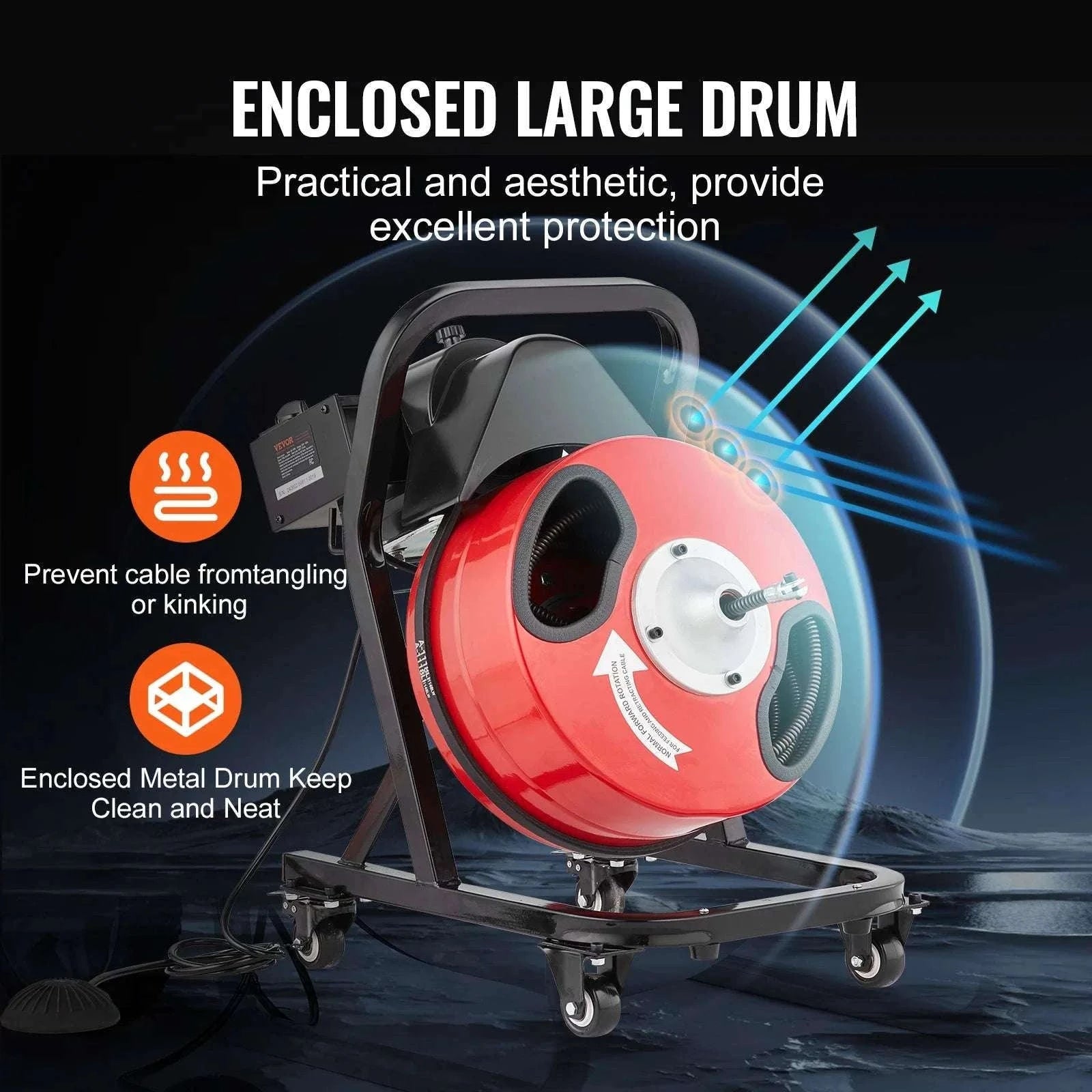 50FT Sewer Snake Drain Cleaner Machine with 4 Cutters & Foot Switch-D1000 / france