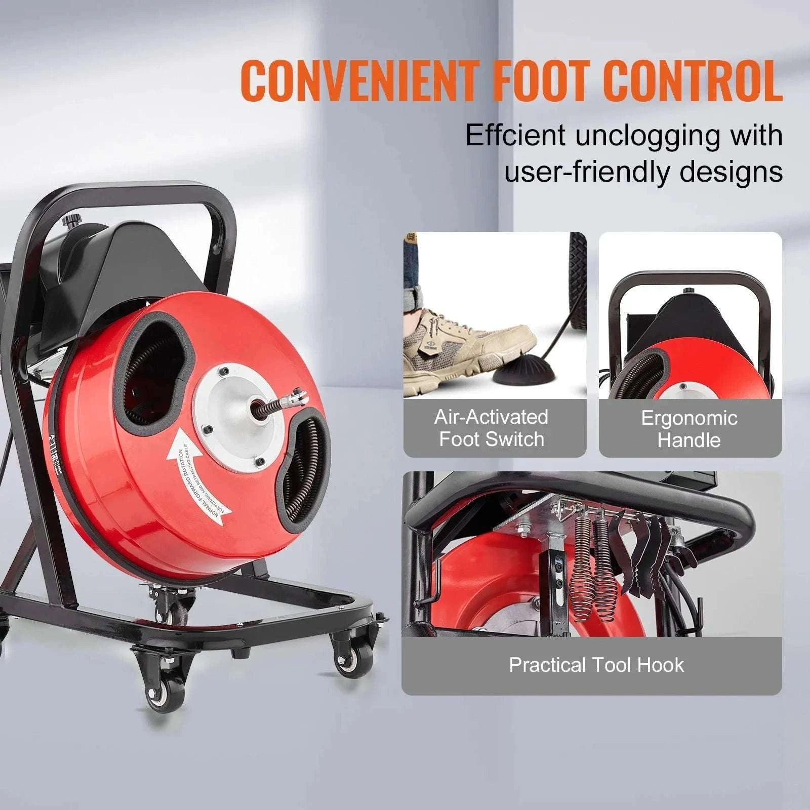 50FT Sewer Snake Drain Cleaner Machine with 4 Cutters & Foot Switch-D1000 / france