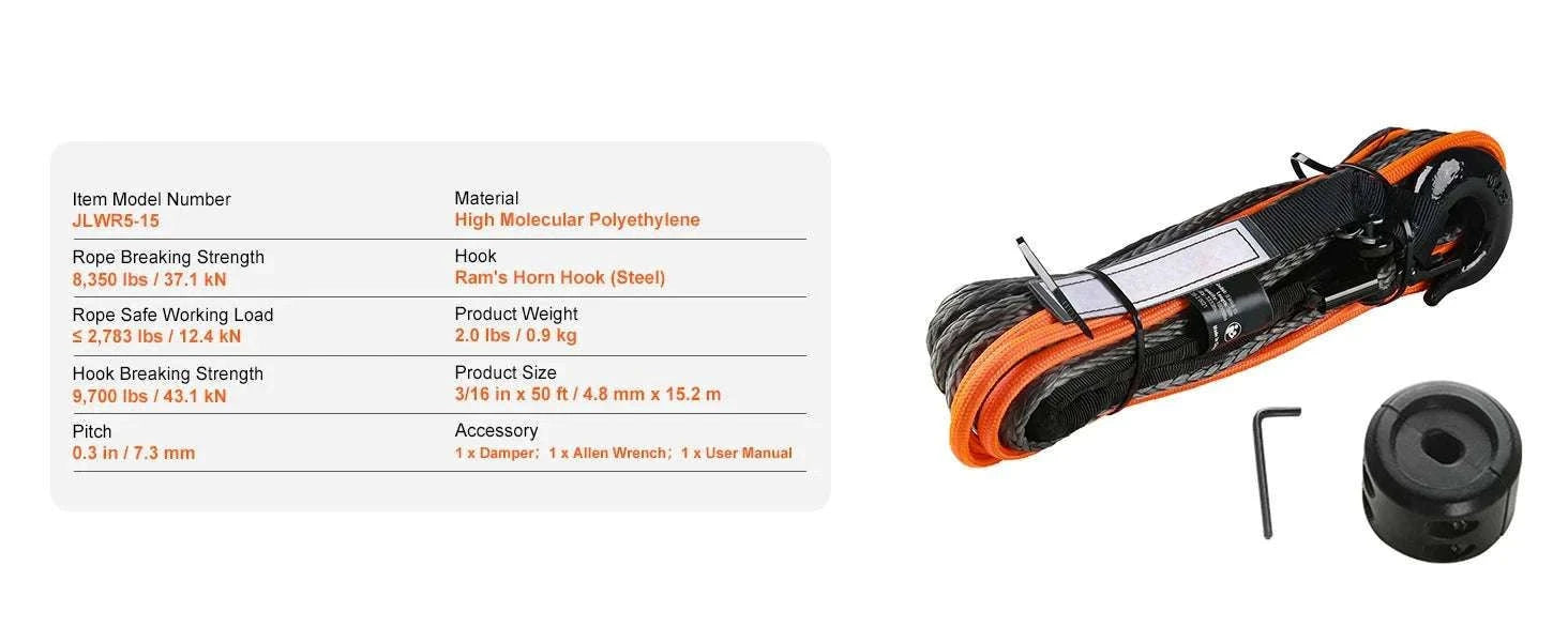 50ft Synthetic Winch Rope with Steel Hook for ATV, UTV & Off-Road Recovery-10000lbs / france