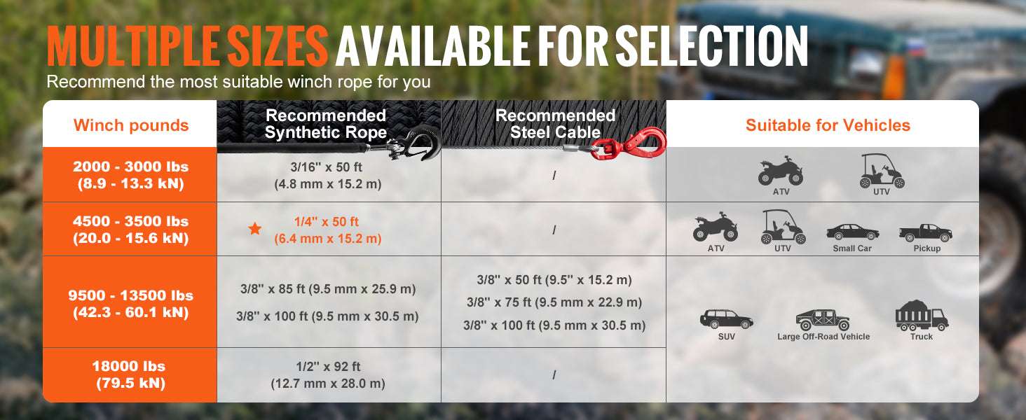50ft Synthetic Winch Rope with Steel Hook for ATV, UTV & Off-Road Recovery-10000lbs / france