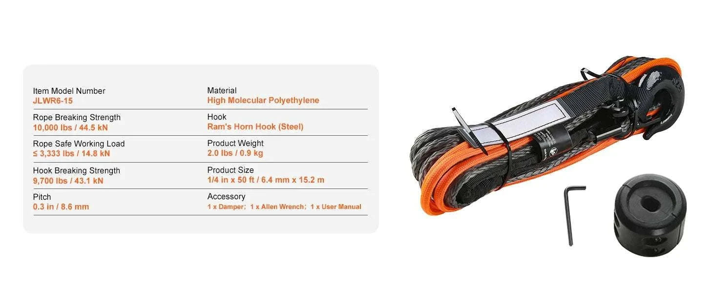 50ft Synthetic Winch Rope with Steel Hook for ATV, UTV & Off-Road Recovery-10000lbs / france