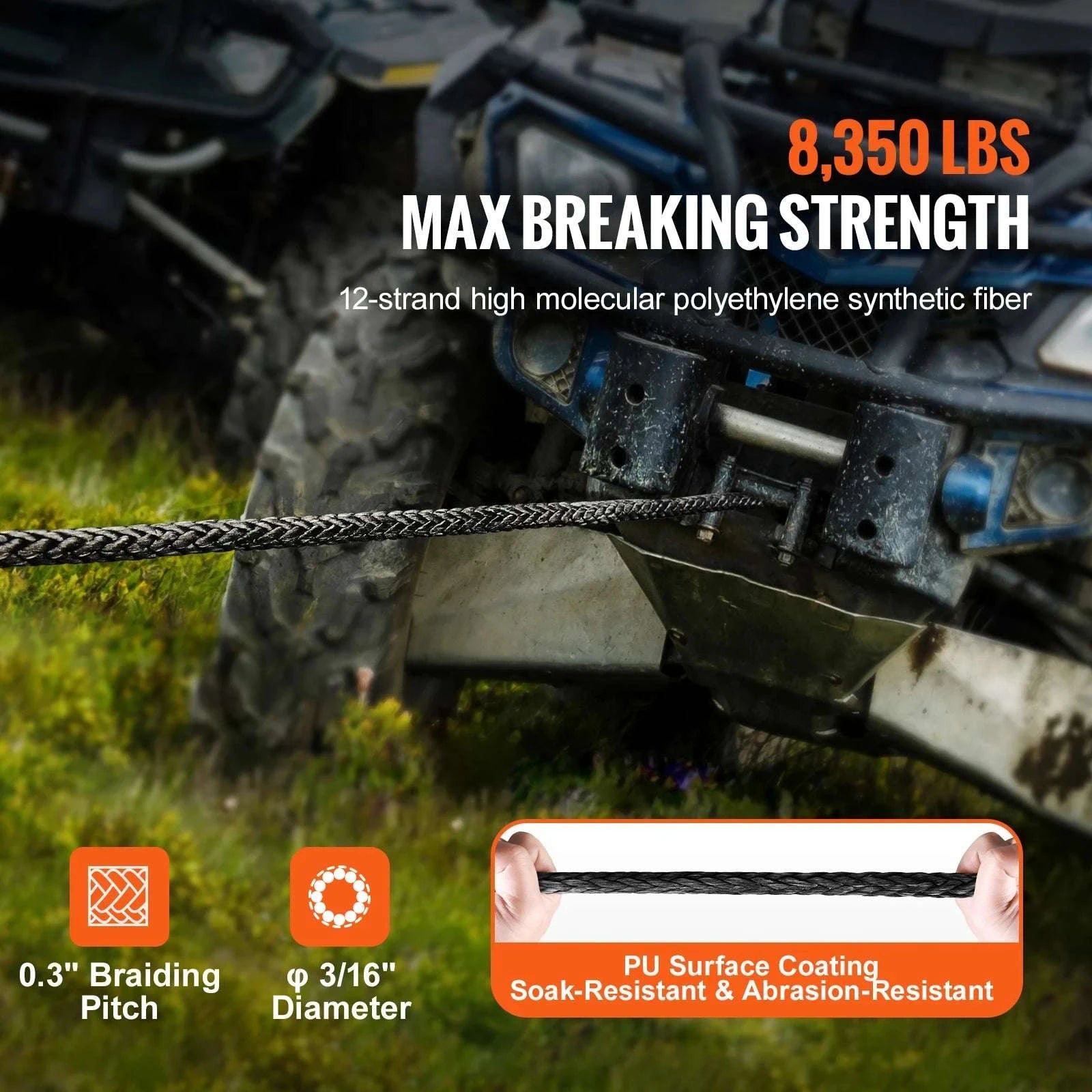50ft Synthetic Winch Rope with Steel Hook for ATV, UTV & Off-Road Recovery-10000lbs / france