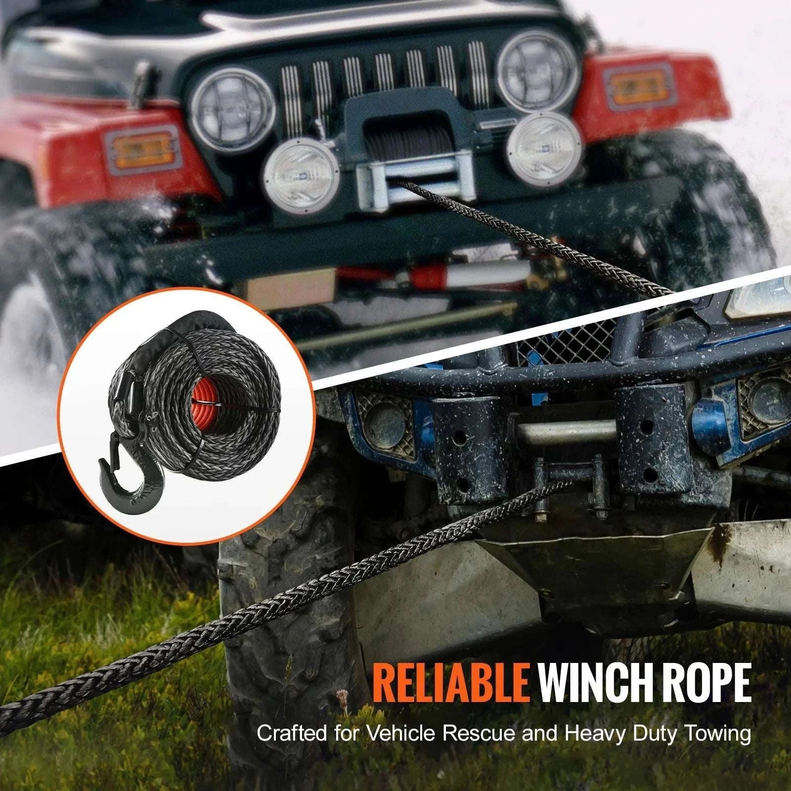 50ft Synthetic Winch Rope with Steel Hook for ATV, UTV & Off-Road Recovery-10000lbs / france