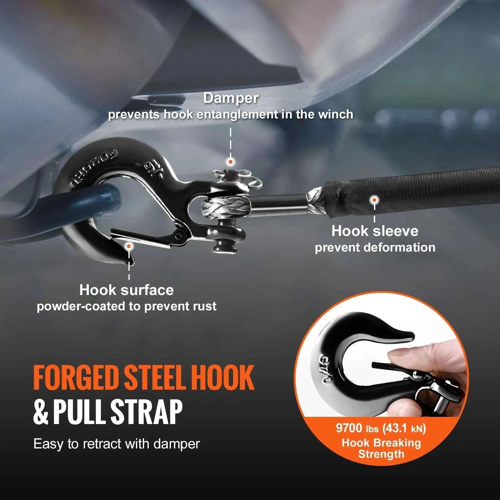 50ft Synthetic Winch Rope with Steel Hook for ATV, UTV & Off-Road Recovery-10000lbs / france