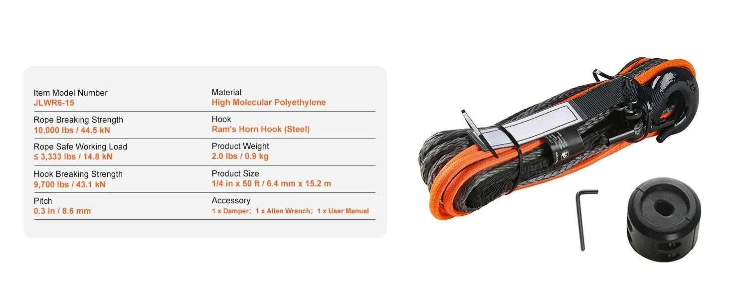50ft Synthetic Winch Rope with Steel Hook for ATV, UTV & Off-Road Recovery-10000lbs / france