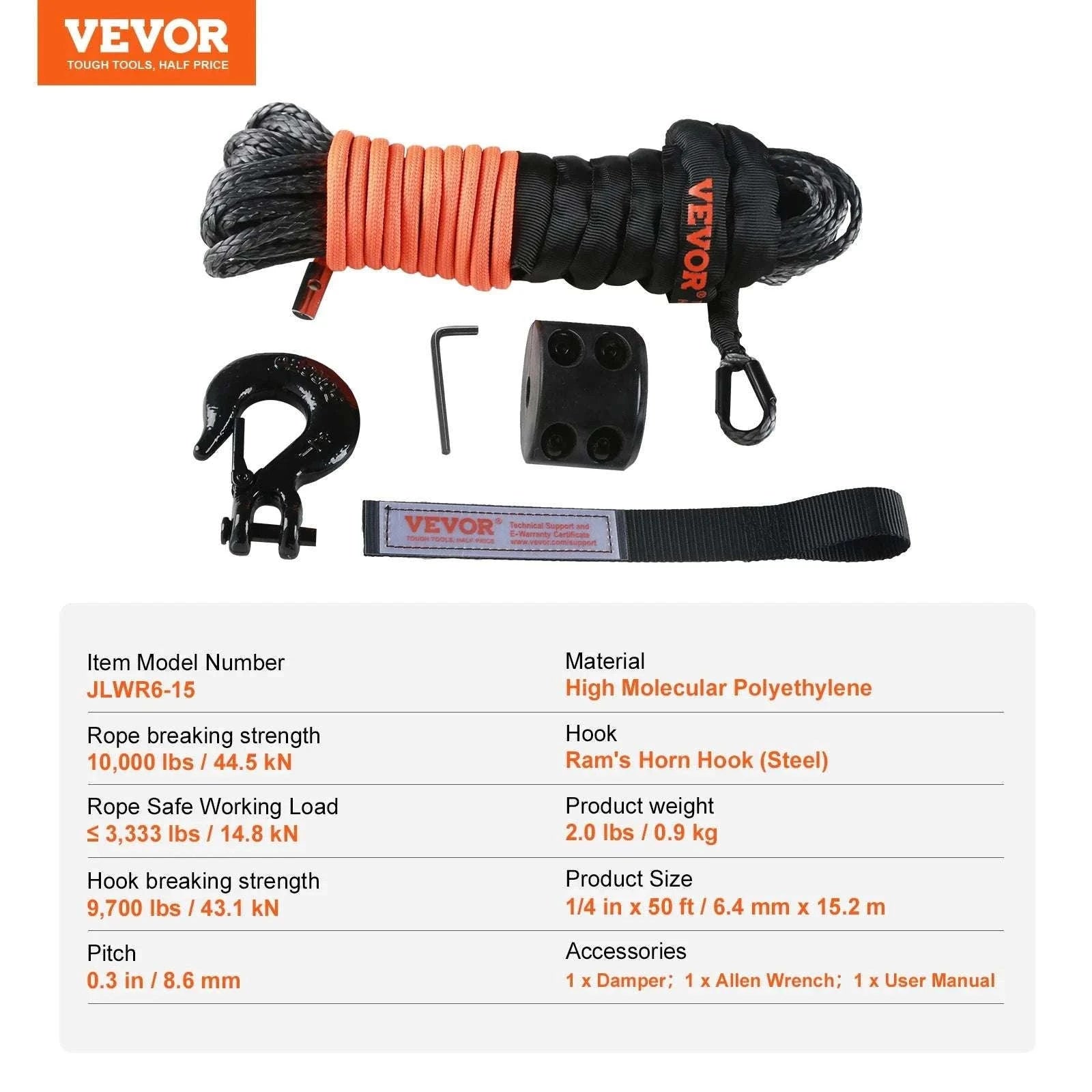 50ft Synthetic Winch Rope with Steel Hook for ATV, UTV & Off-Road Recovery-10000lbs / france