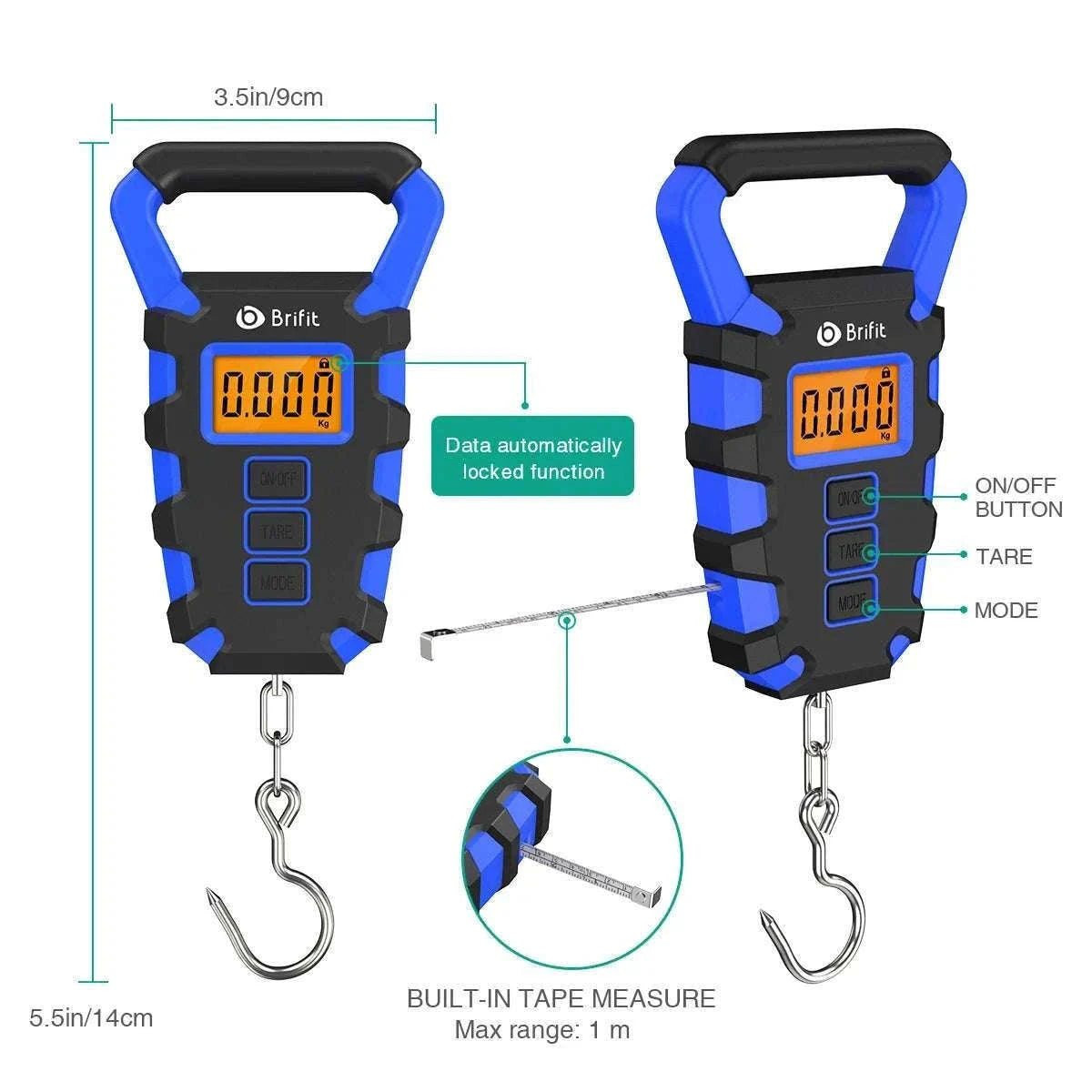 50kg Digital Hanging Scale with Hook, Tape Measure & Backlit Display-Blue / China Mainland