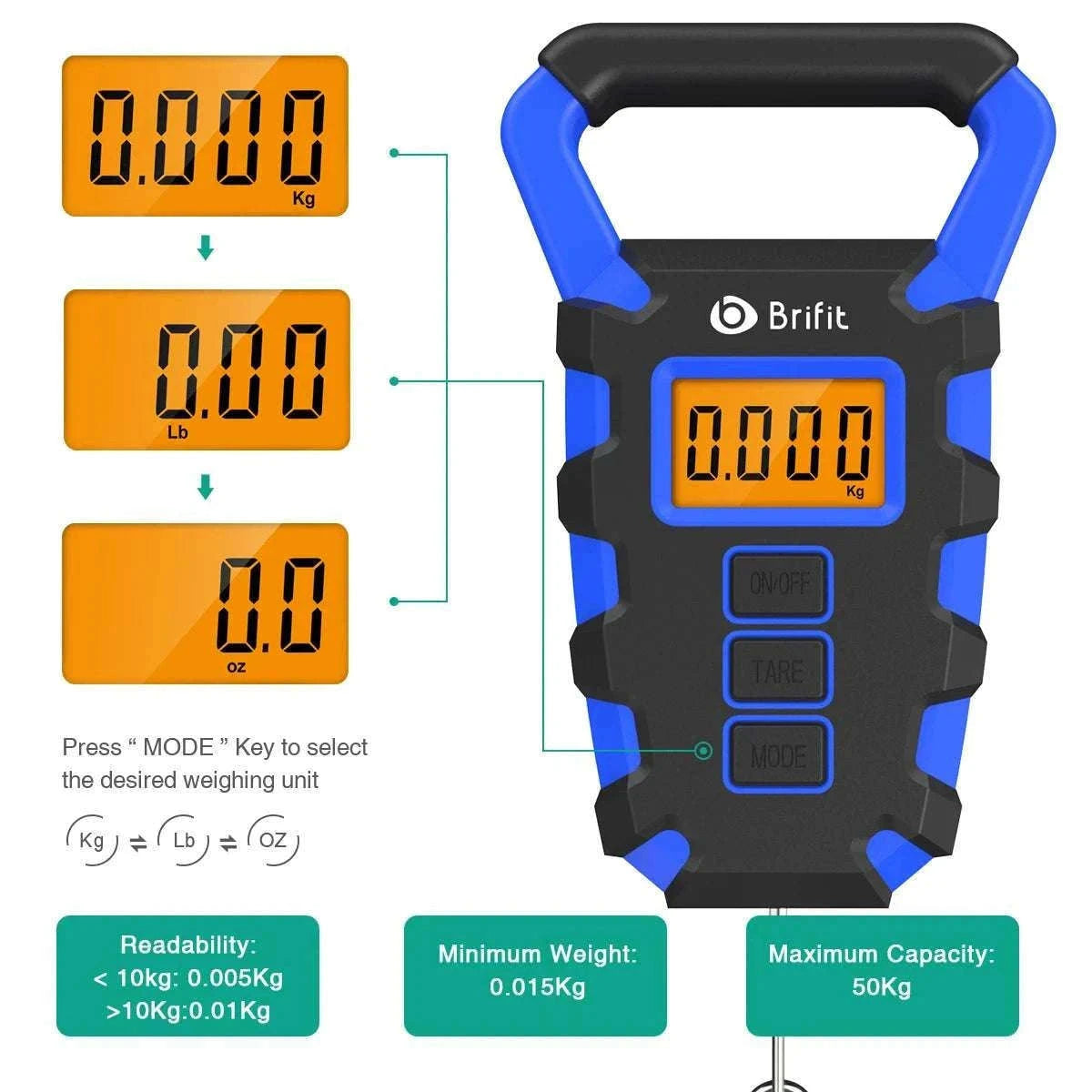 50kg Digital Hanging Scale with Hook, Tape Measure & Backlit Display-Blue / China Mainland