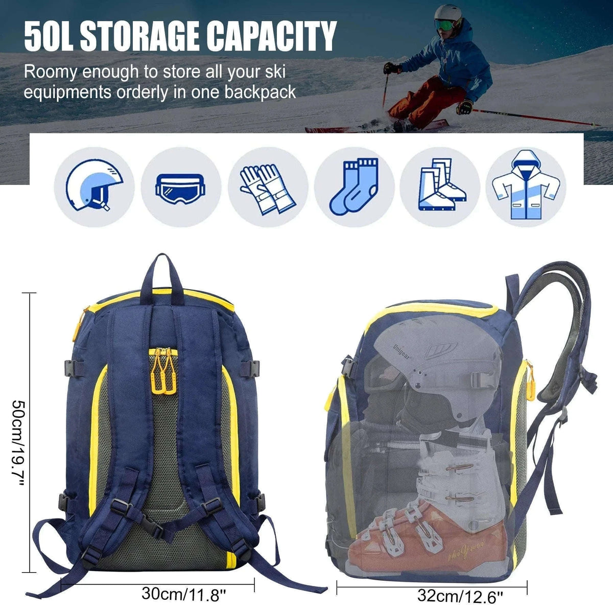 50L Ski Boot Bag Backpack for Boots, Helmet and Gear-BLUE