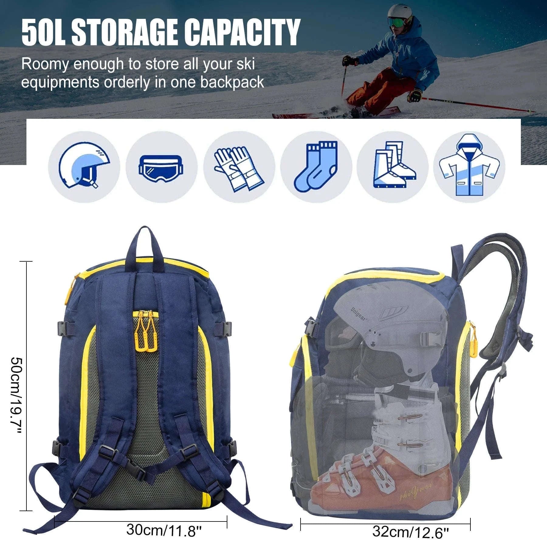 50L Ski Boot Bag Backpack for Boots, Helmet and Gear-BLUE