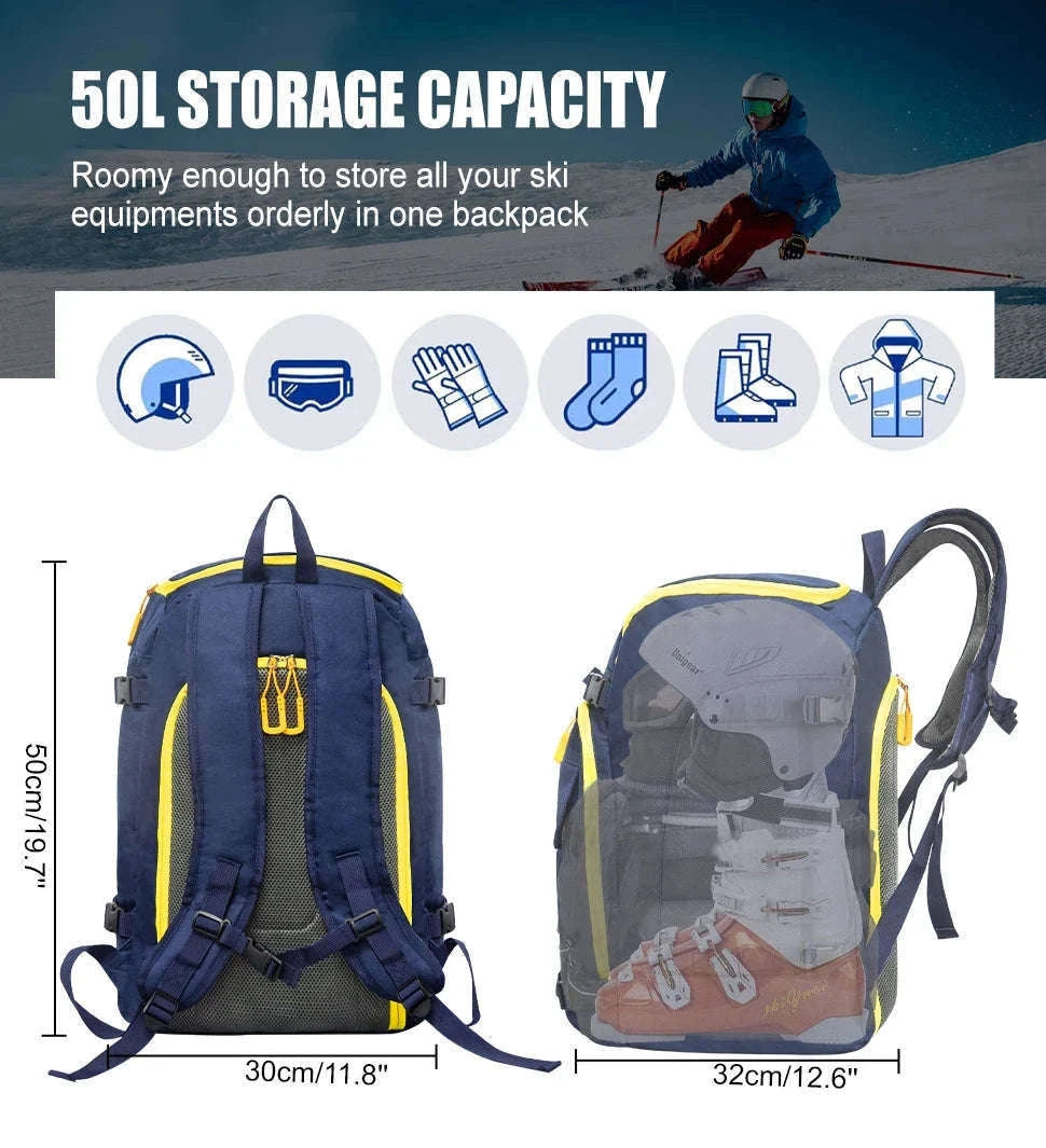 50L Ski Boot Bag Backpack for Boots, Helmet and Gear-BLUE