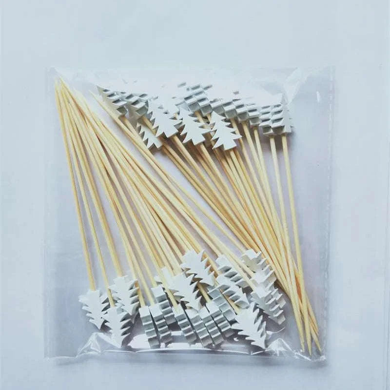50pcs Christmas Bamboo Fruit Sticks with Festive Ornaments-White Christmas Tree