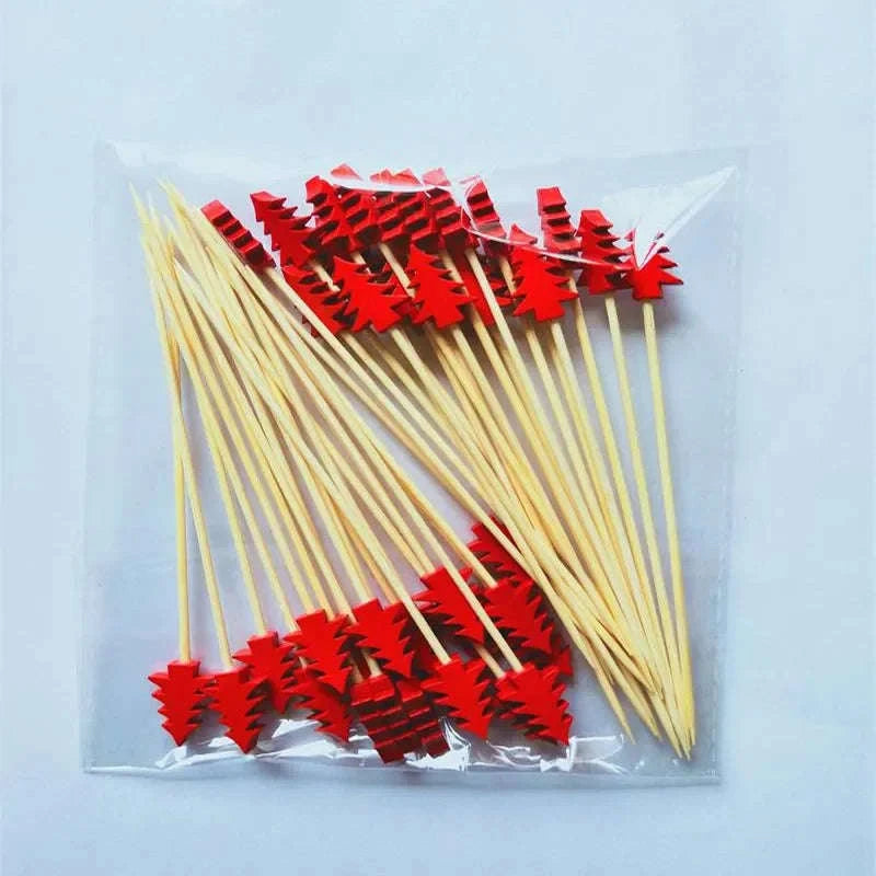 50pcs Christmas Bamboo Fruit Sticks with Festive Ornaments-White Christmas Tree