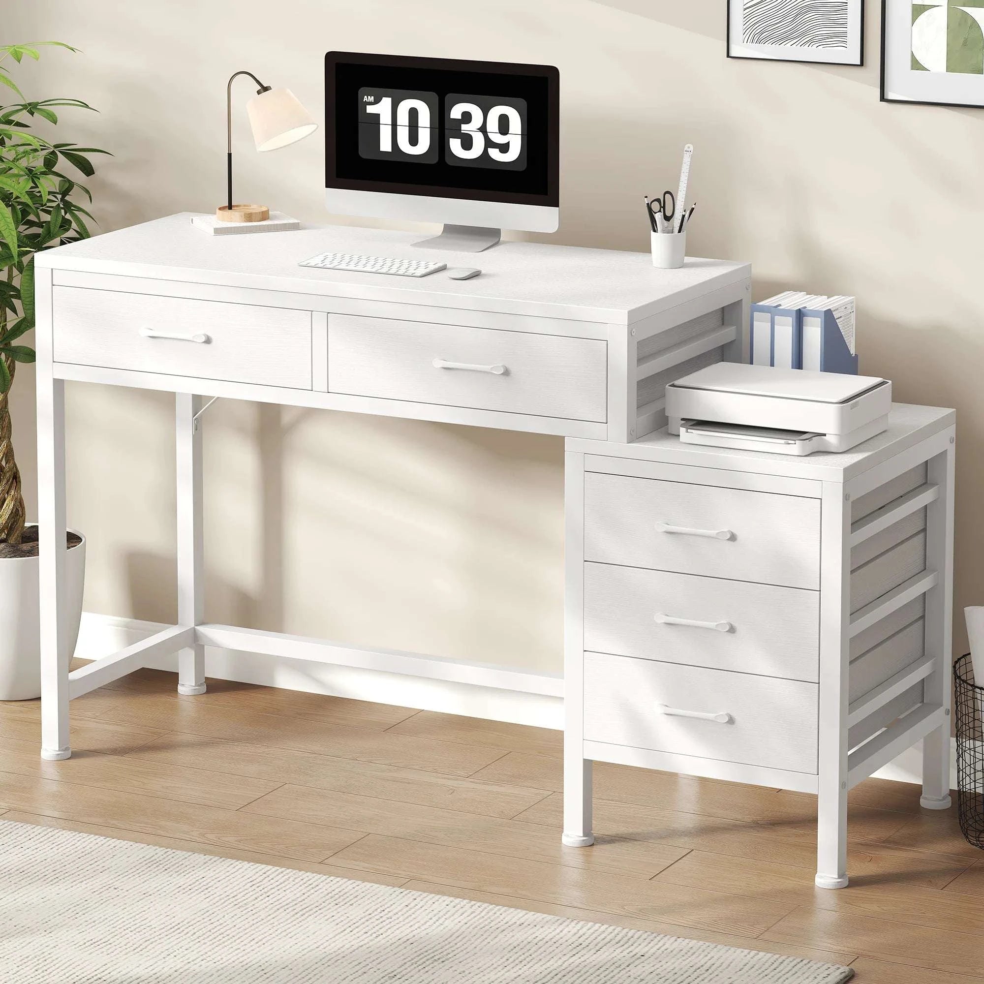 51" Computer Desk with 5 Drawers and Printer Stand Storage-WHITE / United States
