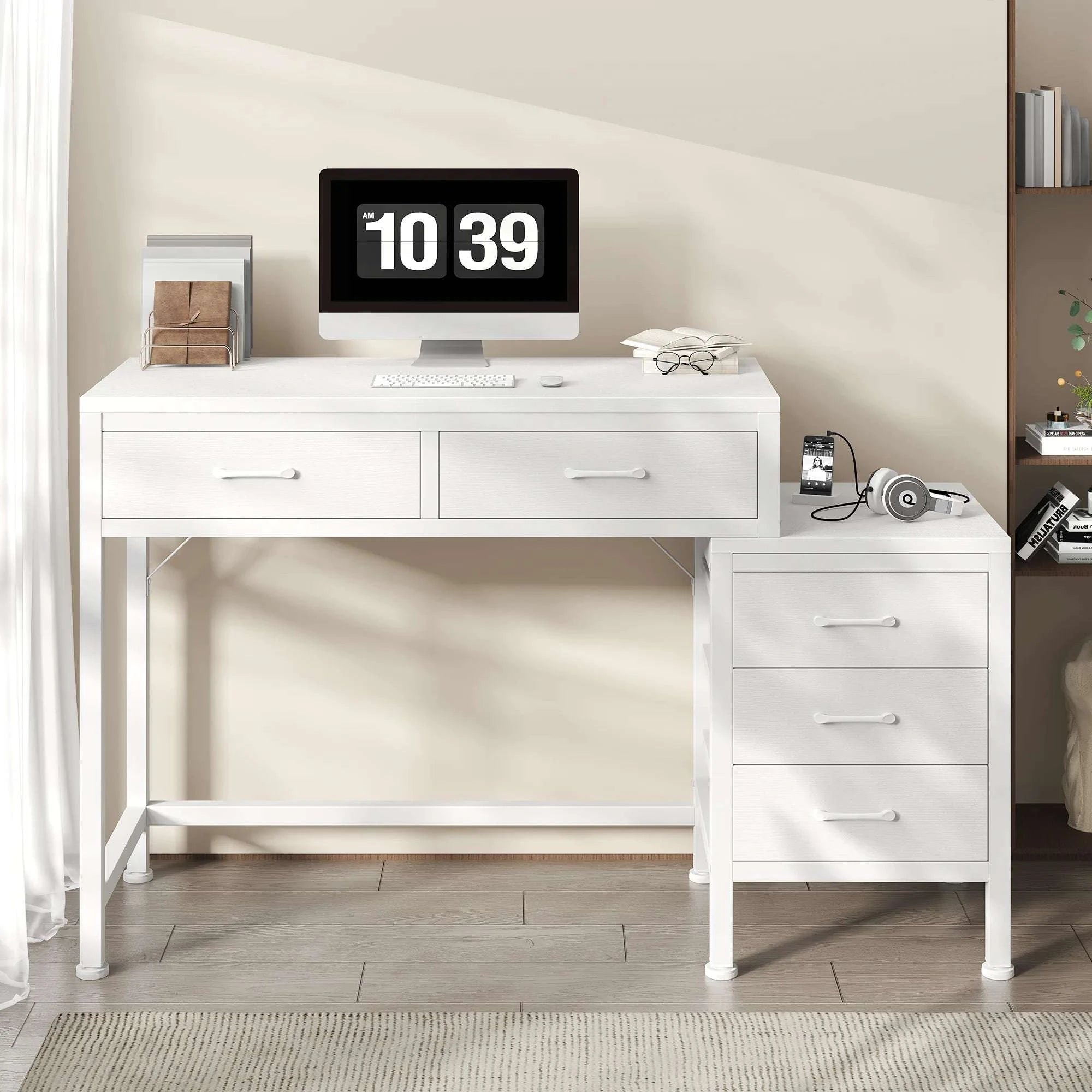 51" Computer Desk with 5 Drawers and Printer Stand Storage-WHITE / United States