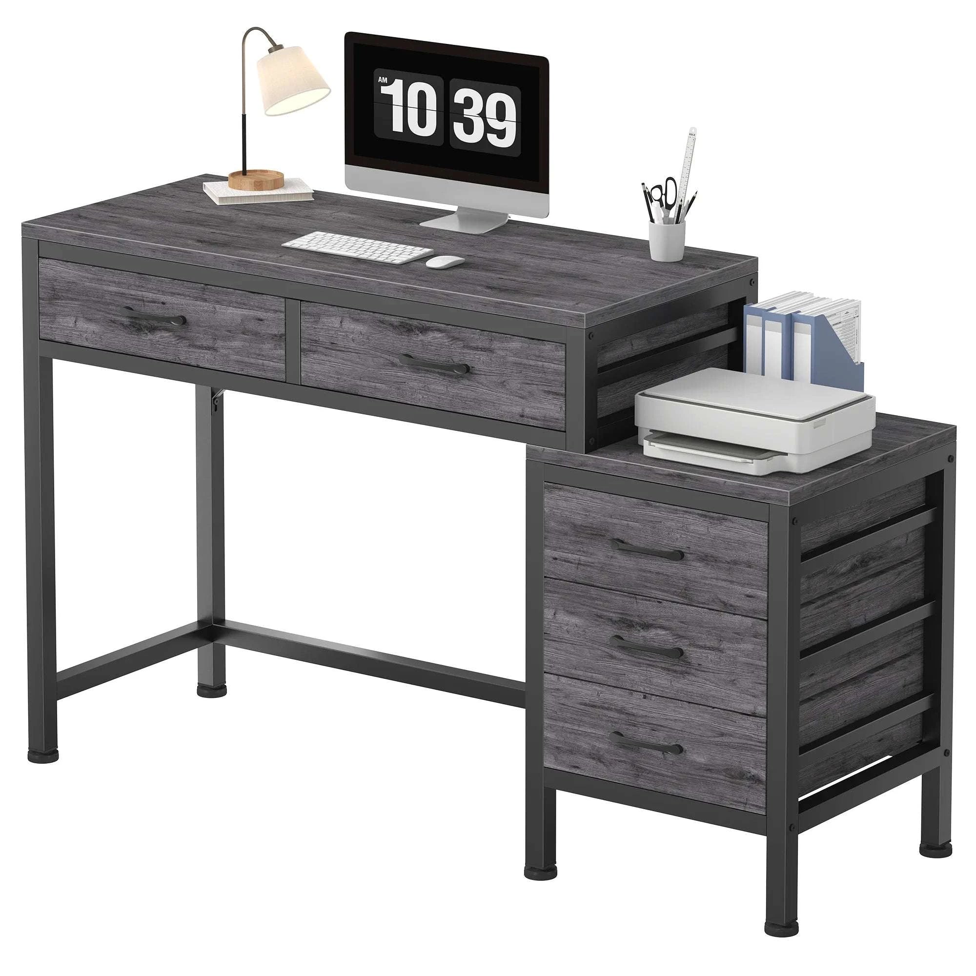 51" Computer Desk with 5 Drawers and Printer Stand Storage-WHITE / United States