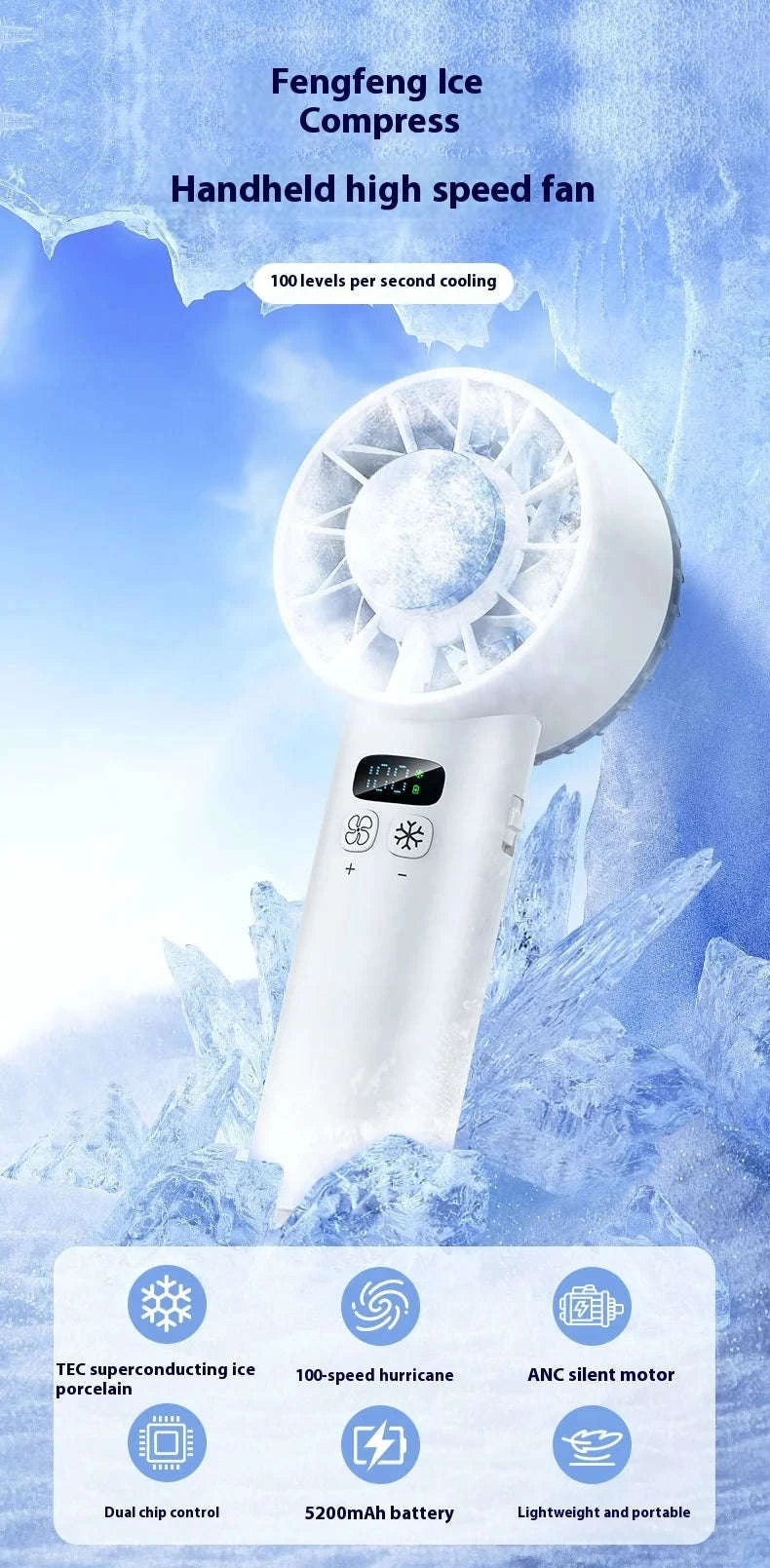 5200mAh Portable Mini Handheld Fan with LED Display and Cooling-Bule / United States