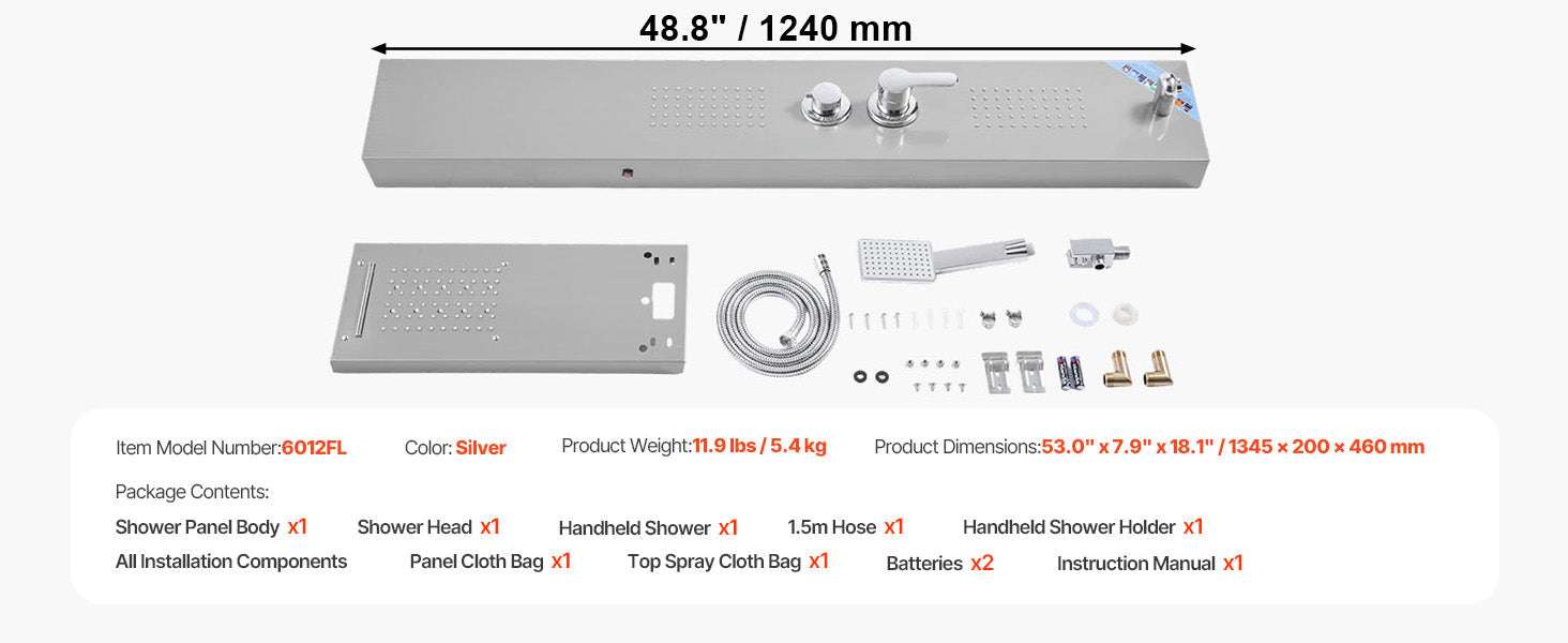 53" Shower Panel Tower System with Rainfall & Waterfall Head-5Outlet TypeB / United States