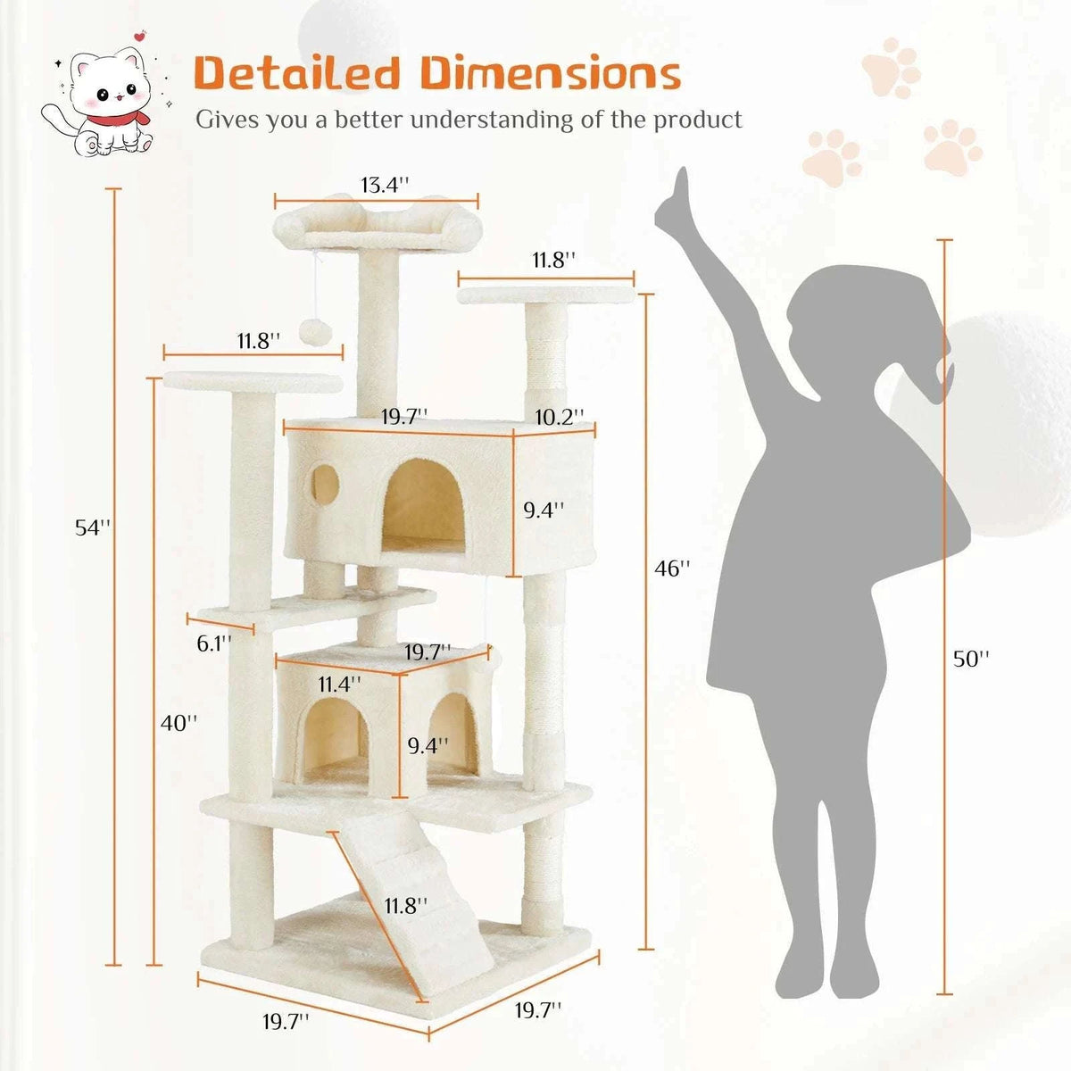 54in Multi-Level Cat Tree Tower with Condo & Sisal Scratching Posts-Light Grey / GERMANY