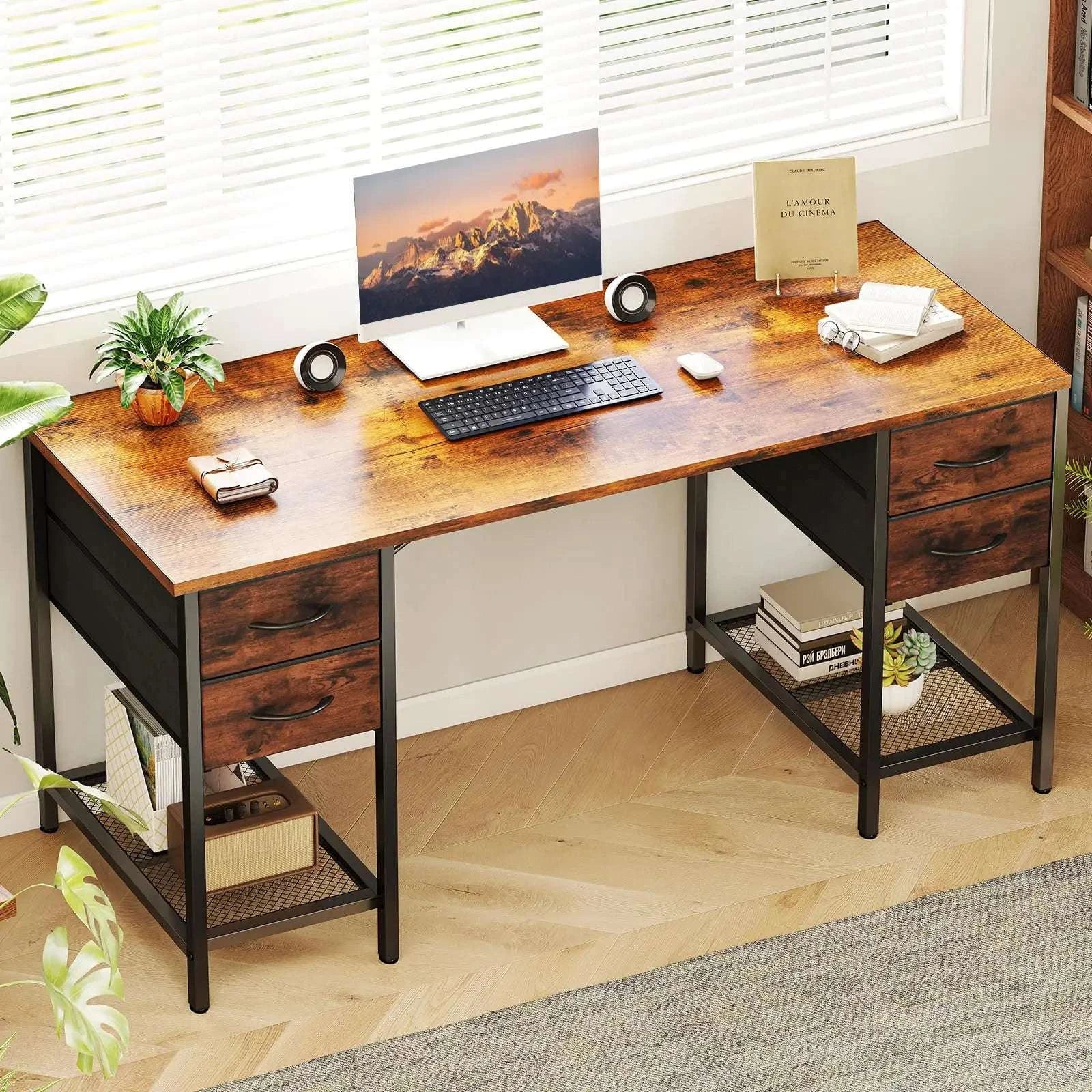 55 Inch Computer Desk with 4 Drawers and Mesh Shelf Storage-Brown / United States