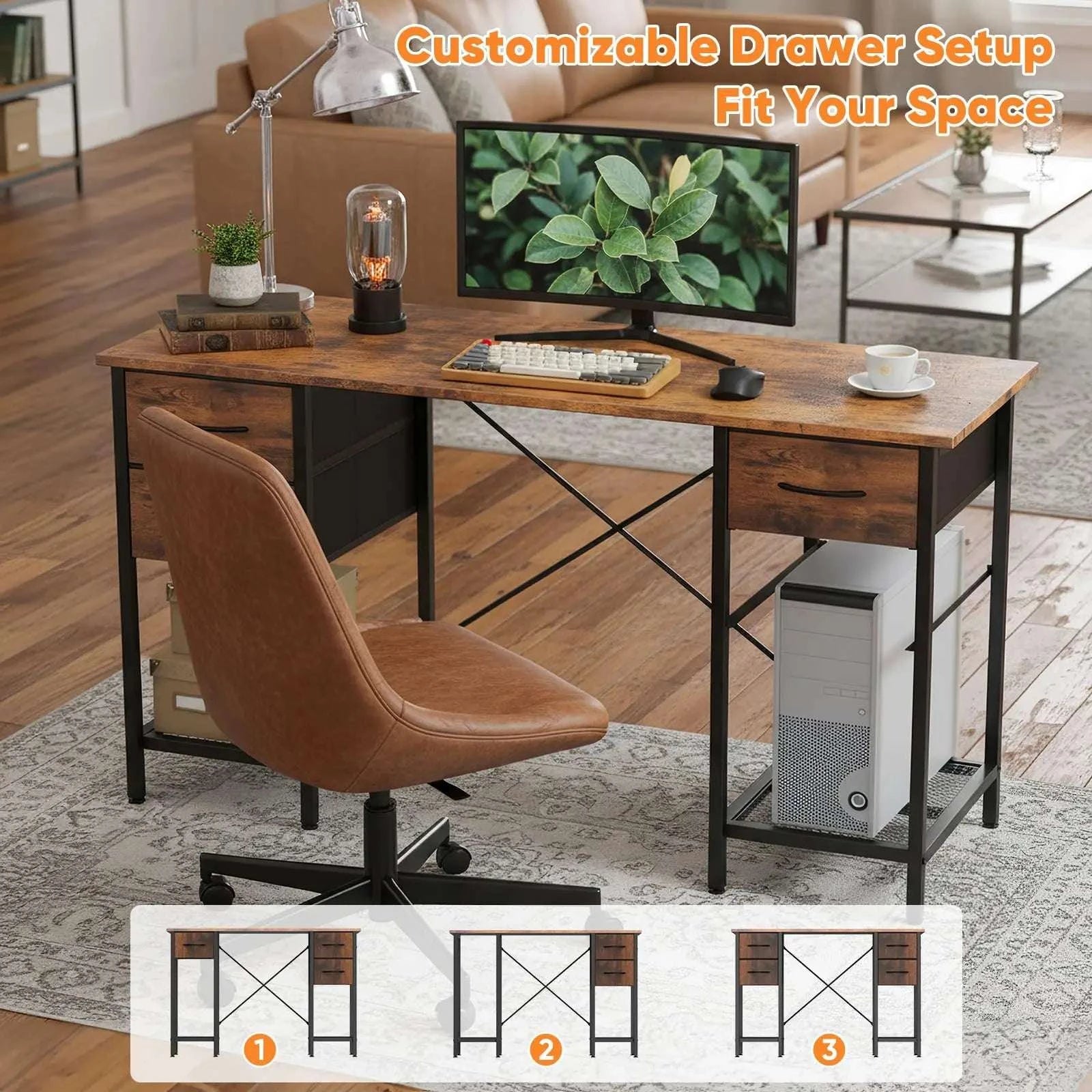 55 Inch Computer Desk with 4 Drawers and Mesh Shelf Storage-Brown / United States