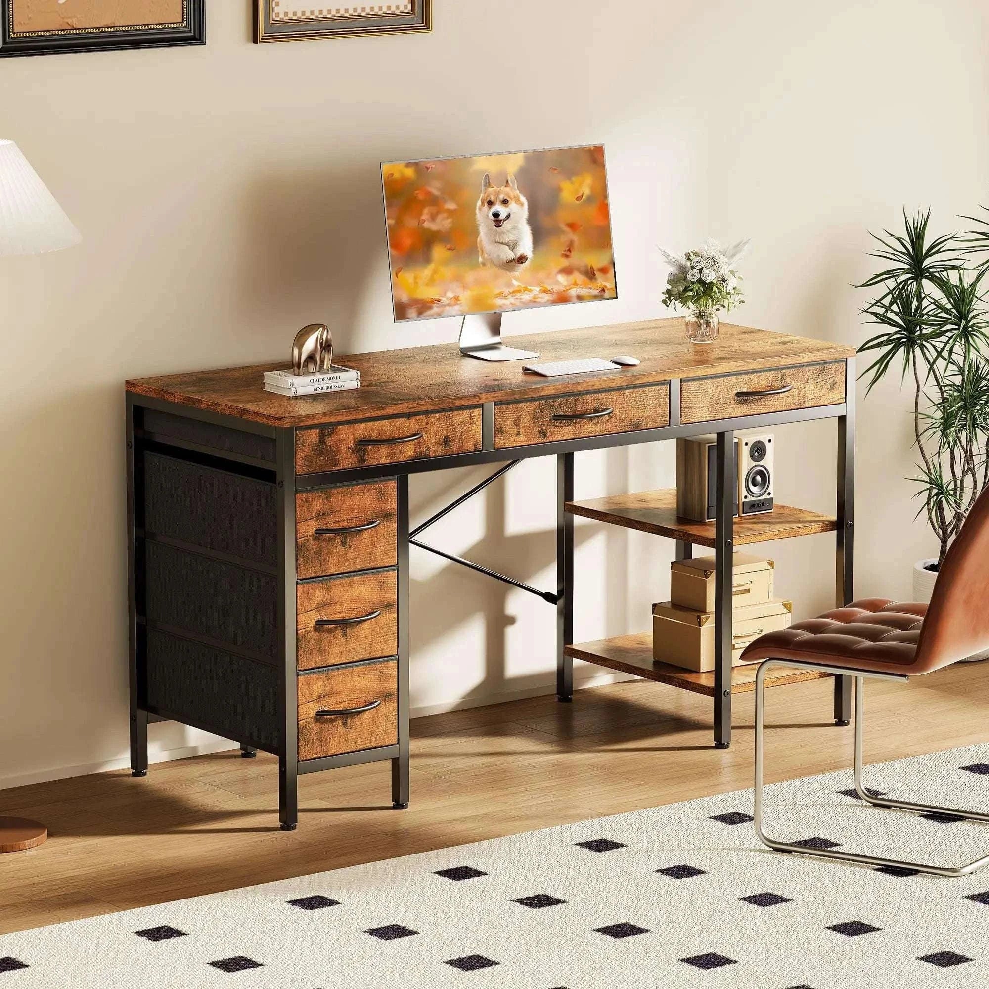 55 Inch Computer Desk with 6 Drawers and Storage Shelves-55IN Rust / United States