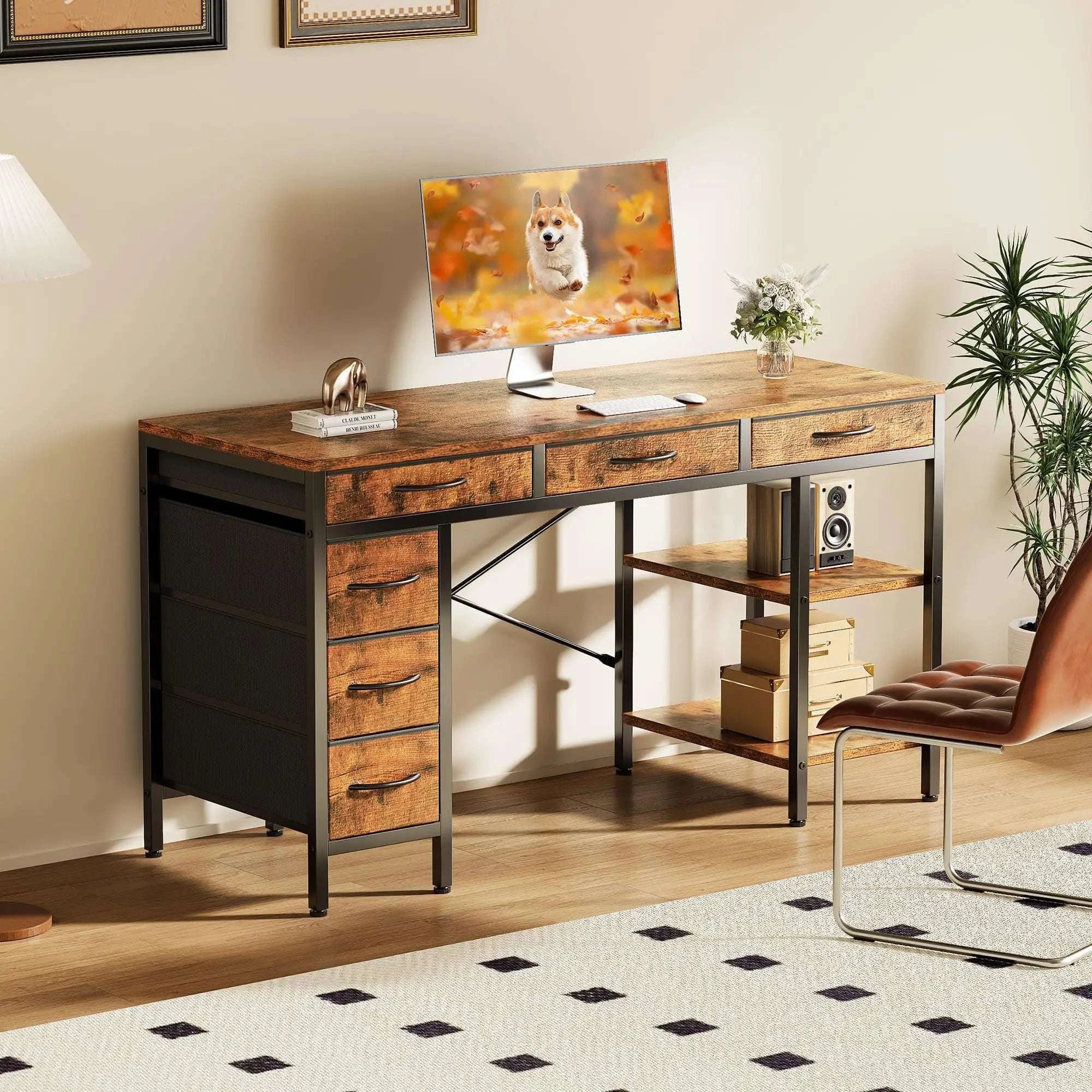 55 Inch Computer Desk with 6 Drawers and Storage Shelves-55IN Rust / United States