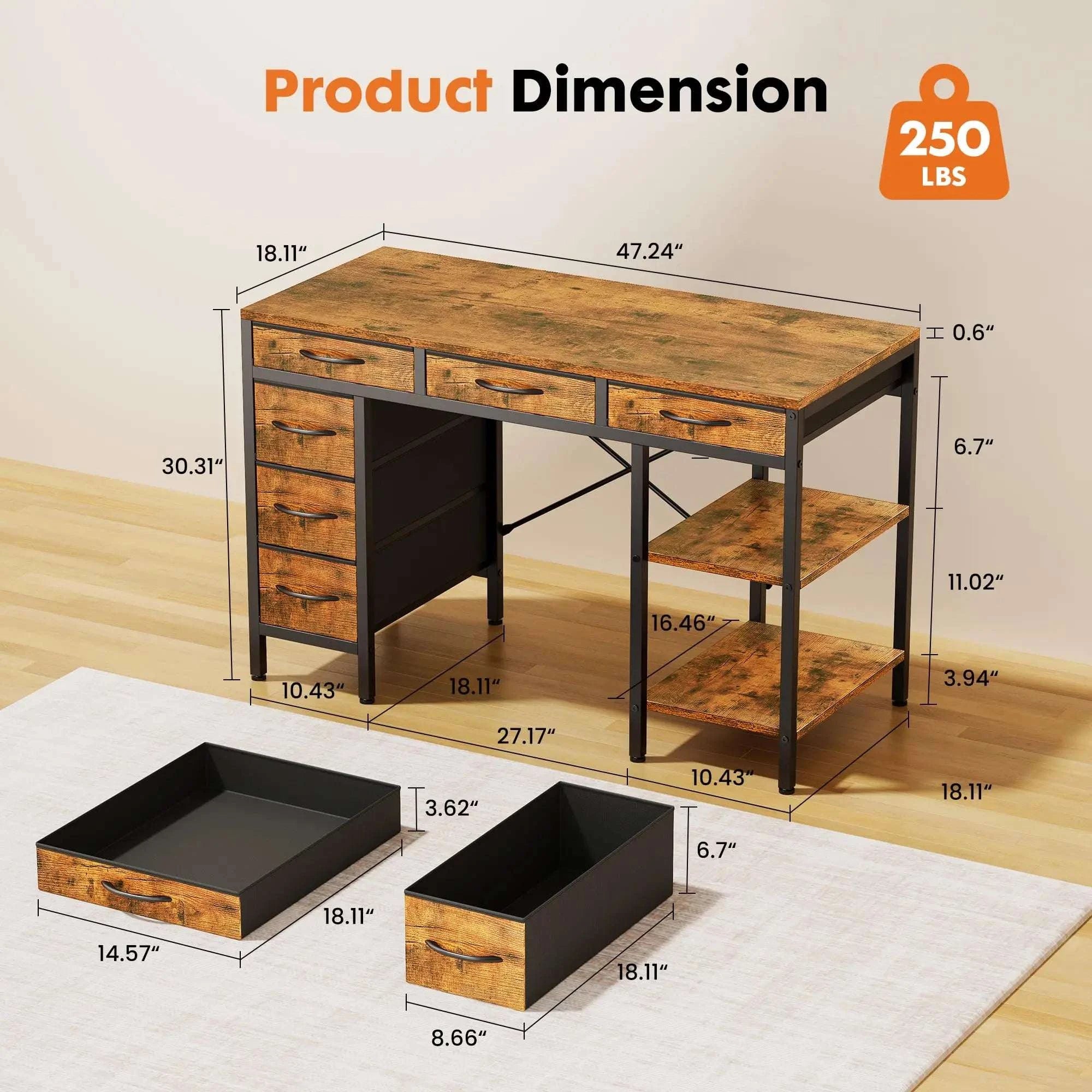 55 Inch Computer Desk with 6 Drawers and Storage Shelves-55IN Rust / United States