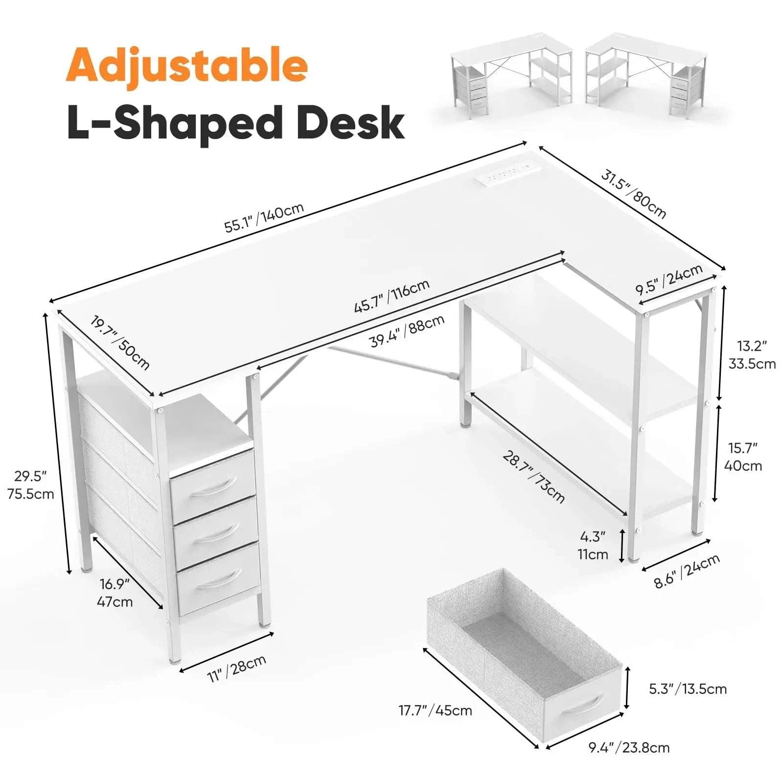 55 Inch L-Shaped Desk with Drawers, Shelves & Built-In Power Outlet-55IN Rust / United States