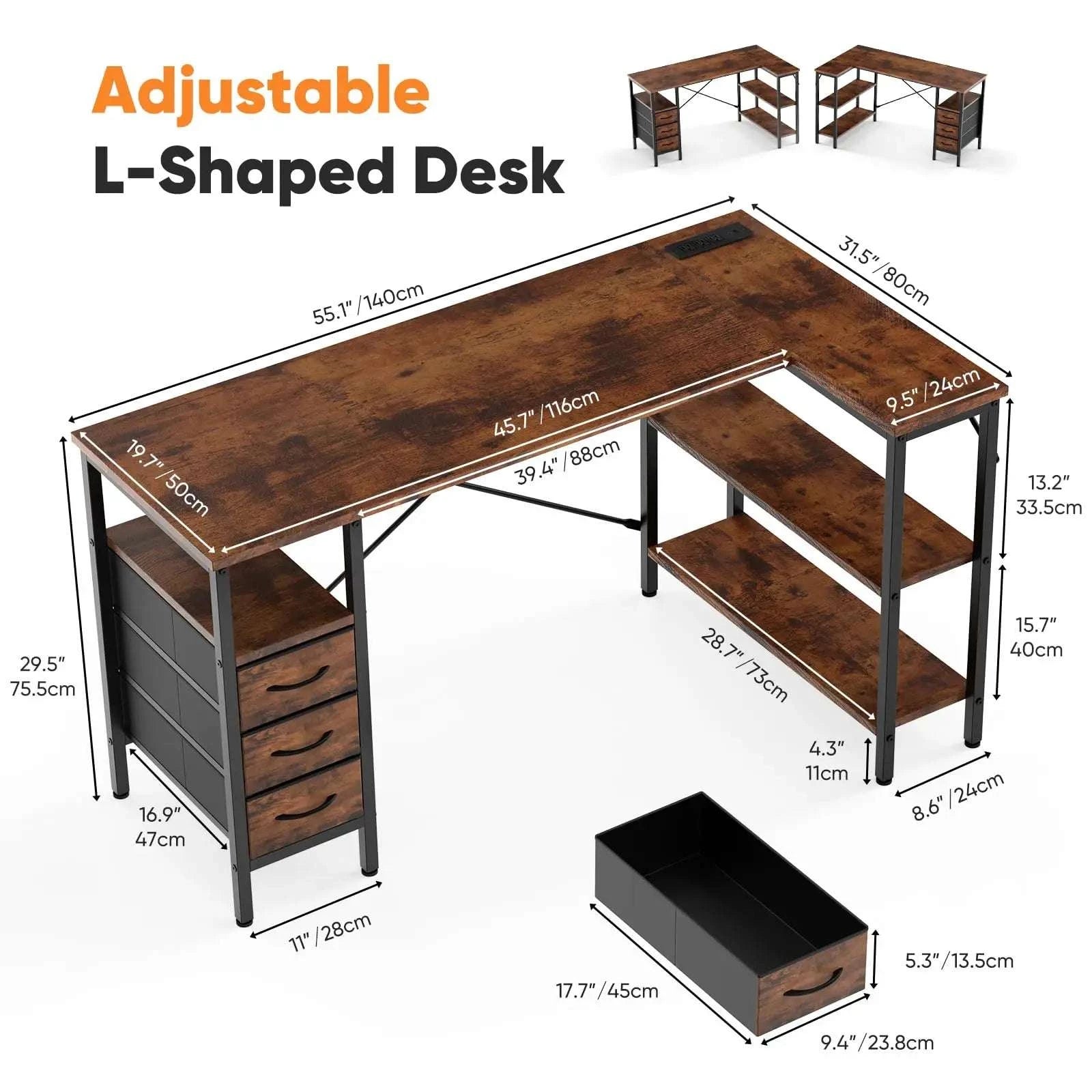 55 Inch L-Shaped Desk with Drawers, Shelves & Built-In Power Outlet-55IN Rust / United States