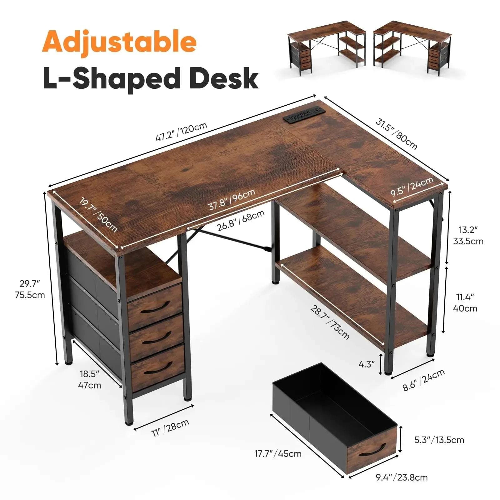 55 Inch L-Shaped Desk with Drawers, Shelves & Built-In Power Outlet-55IN Rust / United States