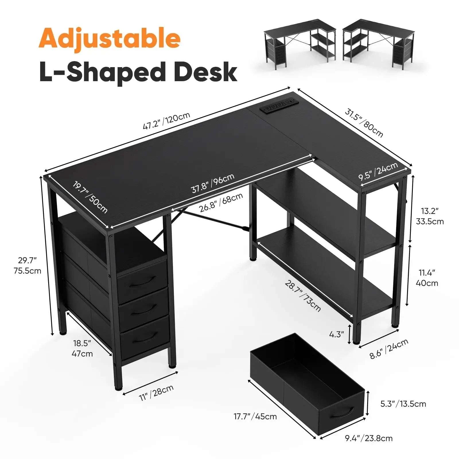55 Inch L-Shaped Desk with Drawers, Shelves & Built-In Power Outlet-55IN Rust / United States