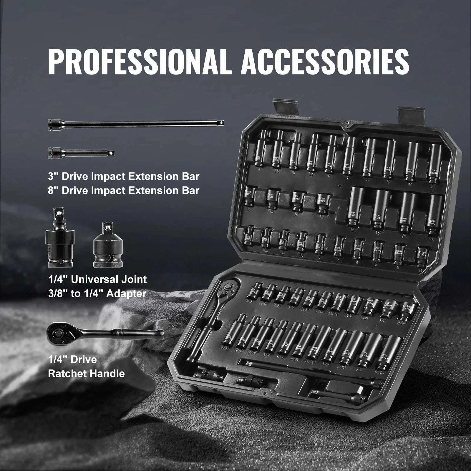 55-Piece Impact Socket Set 1/4in Deep & Shallow with Case-18pcs 0.375in / United States