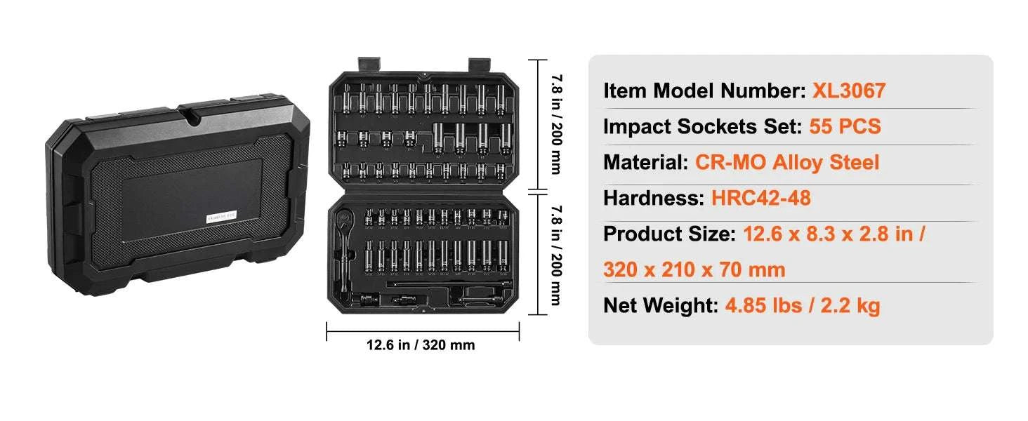 55-Piece Impact Socket Set 1/4in Drive CR-V Steel with Case-18pcs 0.375in / United States